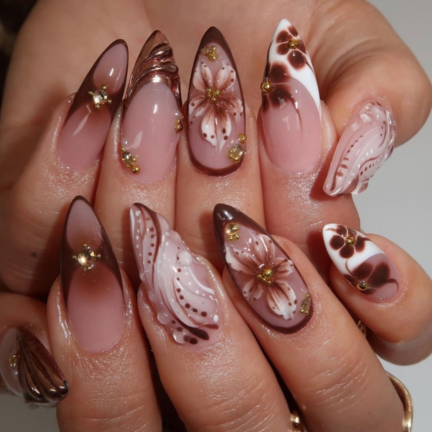 Short Almond Press-On Nails - 24 Pcs French Tip with Leopard Print & Gold Beads | Reusable Acrylic Nail Designs for Women