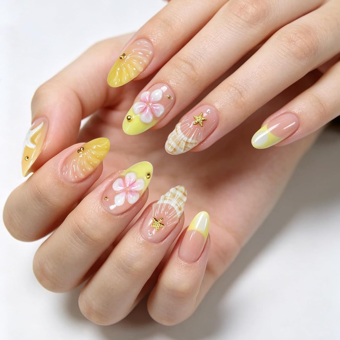 Colorful Summer Press-On Nails - Medium Almond Blue Ocean & Fish Designs | 30PCS Glossy Beach Nails for Women
