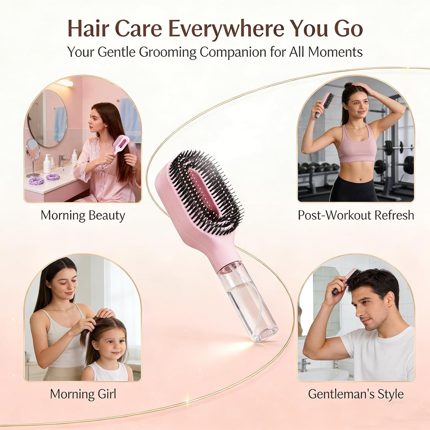 Hair Brush with Water Spray - 2-in-1 Detangling Tool for Frizz Control | Portable Mist Comb for Thick, Curly & Fine Hair - Green