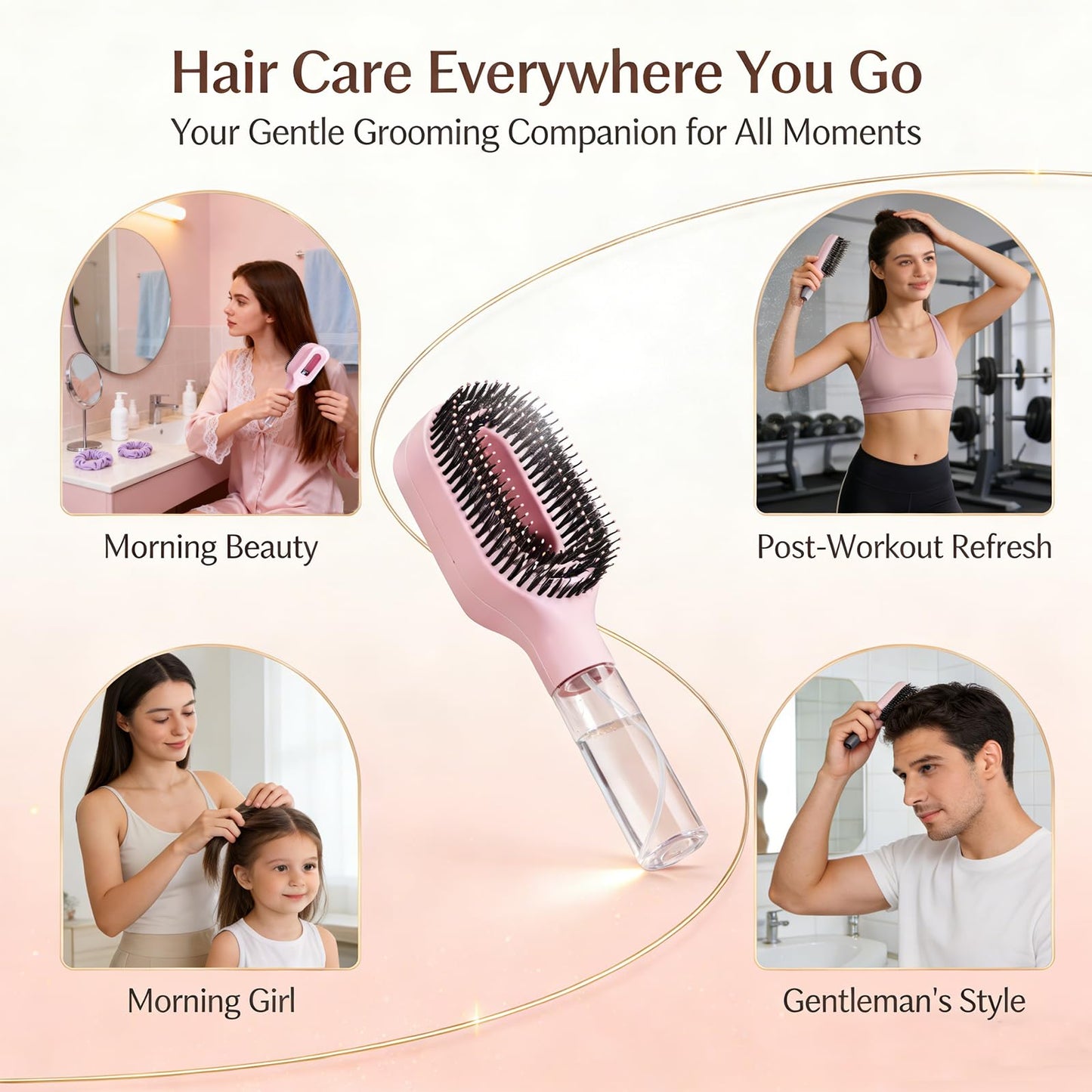 Hair Brush with Water Spray, 2-in-1 Detangling Tool for Frizz Control, Portable Water Hair Tool for Thick, Curly & Fine Hair, Fine Mist Styling Comb for Women & Girls(1 Pink)