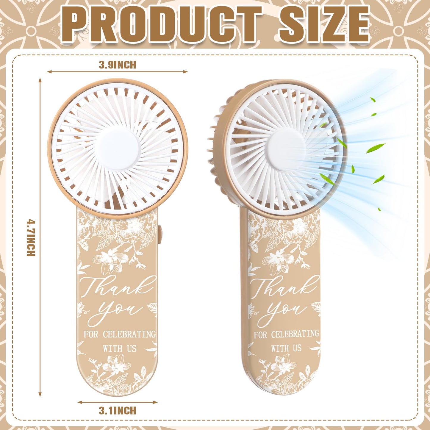 Tujoe 100 Pcs Wedding Handheld Fans for Guests Mini Personal Portable Fans Bulk Thank You for Celebrating with Us Fan for Wedding Bridal Shower Party Favors Summer Travel (Beige Botanical Lace)