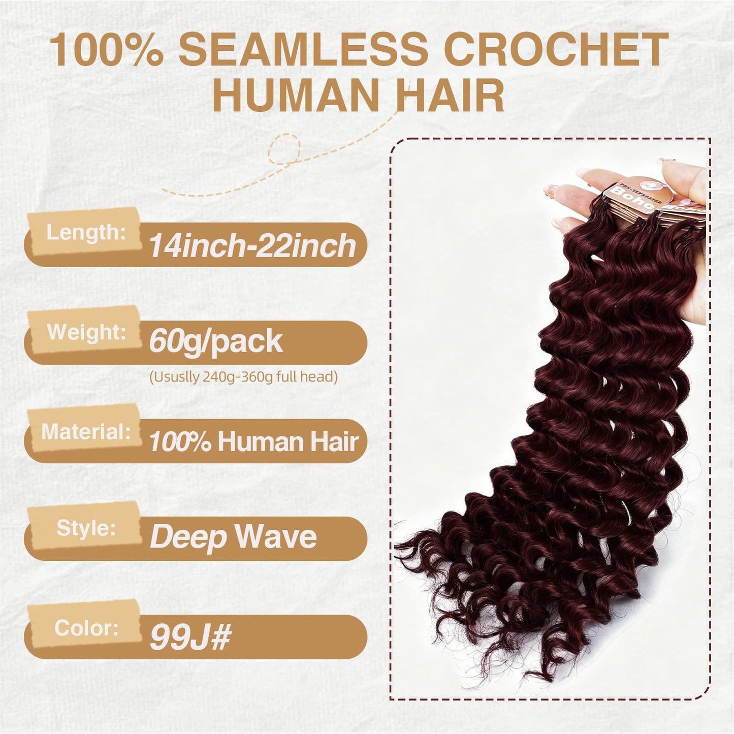 Miracle Knots Crochet Human Hair, Deep Wave Pre-Separated Crochet Hair for Black Women, Easy Install Hook Design, Invisible Natural Look,Boho Hair 14 Inch 120g(99J# Black Wine Color)