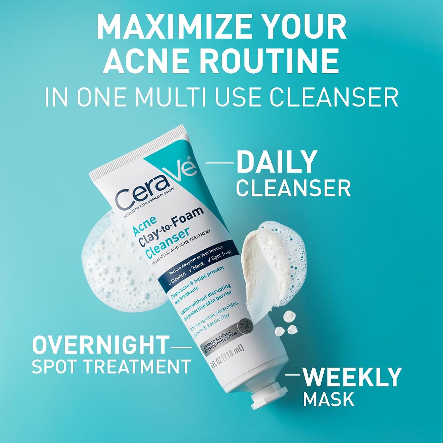 CeraVe Acne Face Wash - Salicylic Acid & Kaolin Clay Treatment | Clears Pimples & Blackheads, 4oz