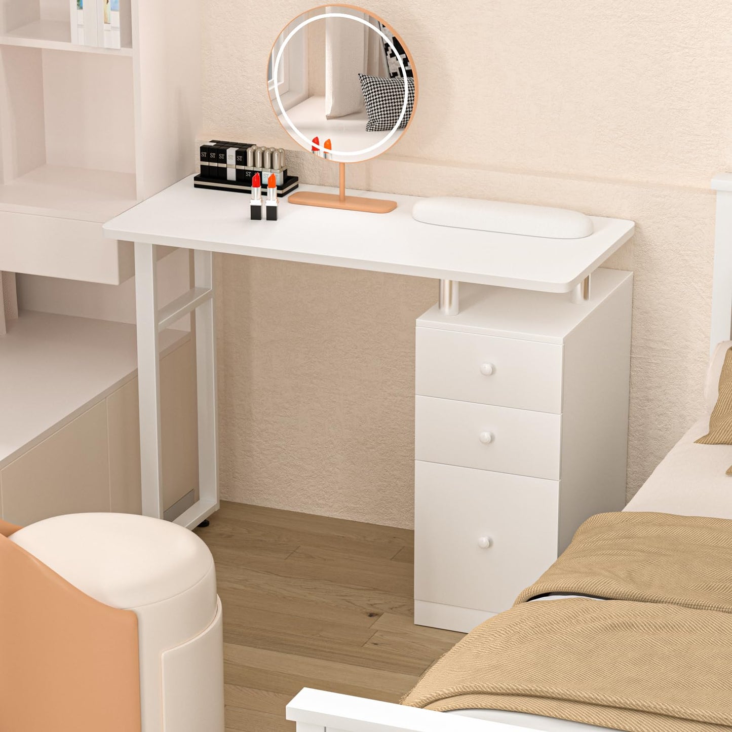 Charmmade Nail Desk, White Manicure Table with Wrist Cushion
