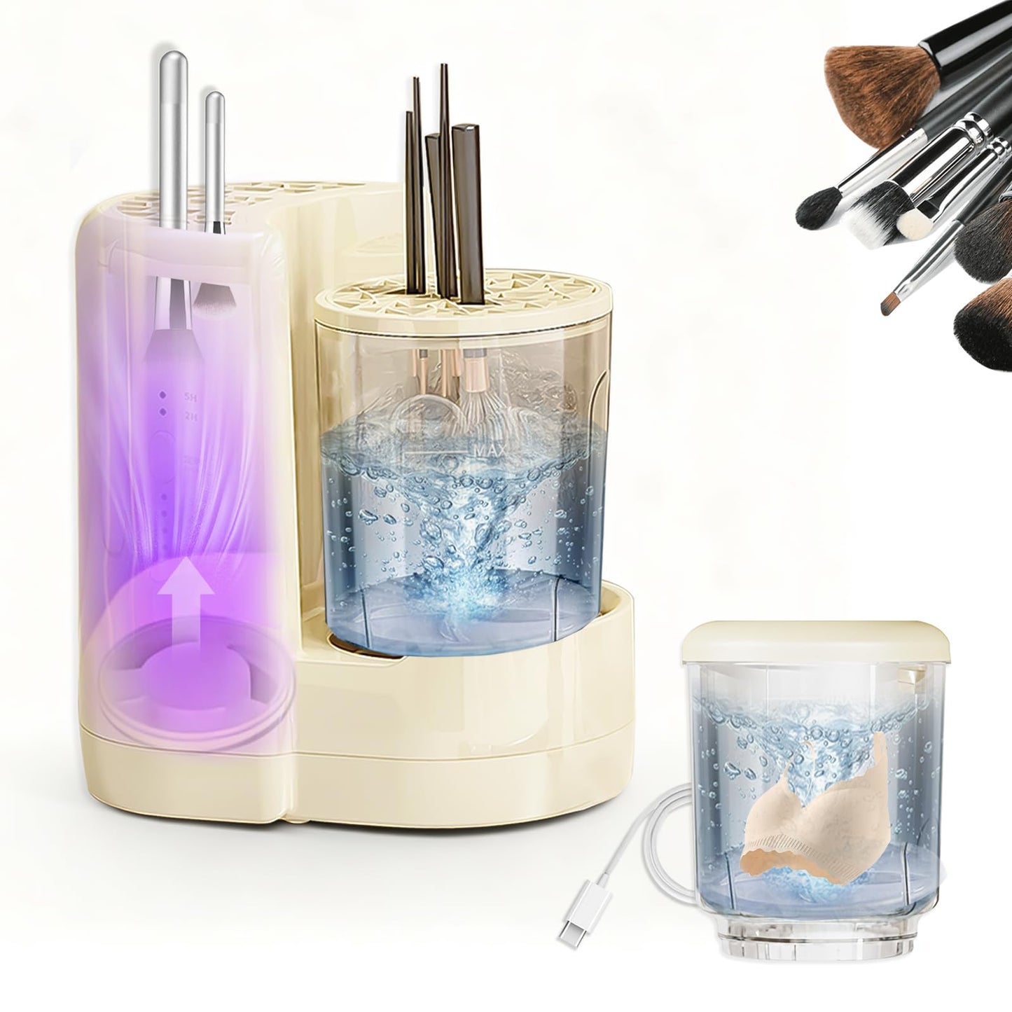 3-in-1 Electric Makeup Brush Cleaner and Dryer Machine with Detachable Underwear Cleaning Cup-Deep Cleaning,2H/5H Adjustable Drying,Fully Washable,for Makeup Brushes,Sponges and Delicate Clothing