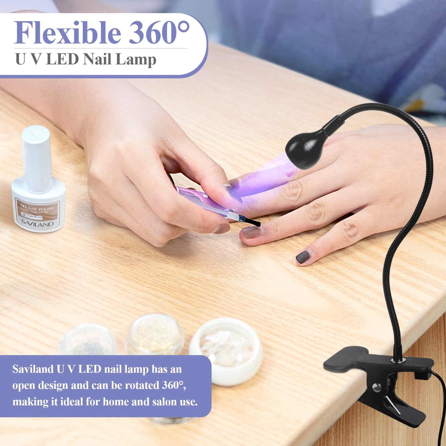 SAVILAND UV Nail Lamp: Gooseneck LED Nail Flash Cure Lamp for Nails lampara uv/led para uñas de gel with Securing Clip LED Flash Cure Light Manicure Home DIY UV Light for Gel Polish Nail Lamp