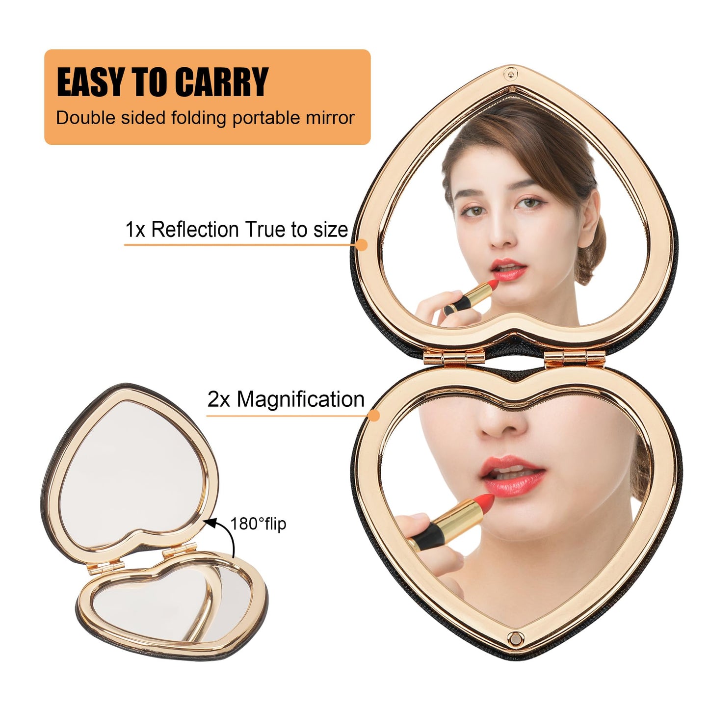 CAIRIAC Compact Mirrors, Leather Folding Travel Mirrors, Bee Double Sided Handheld Mirrors, Portable Heart Shape Makeup Mirrors Gift for Girls Women Mothers