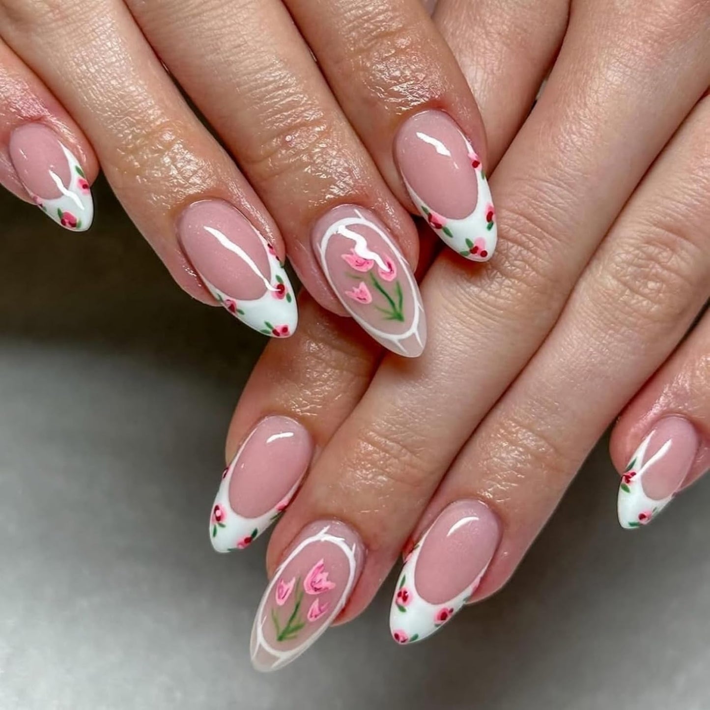Flower Nail Press Ons - French Tip 3D Floral Butterfly Acrylic Nails | Glossy Pink Medium Almond Full Cover - 24 Pcs