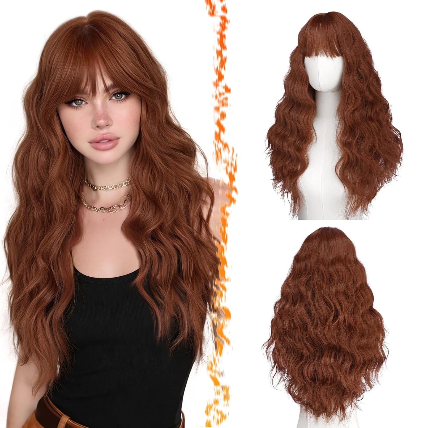 Long Wavy Blonde Curtain Bangs Wig - 26" Synthetic Ombre Wig with Dark Roots | Soft Natural Look
