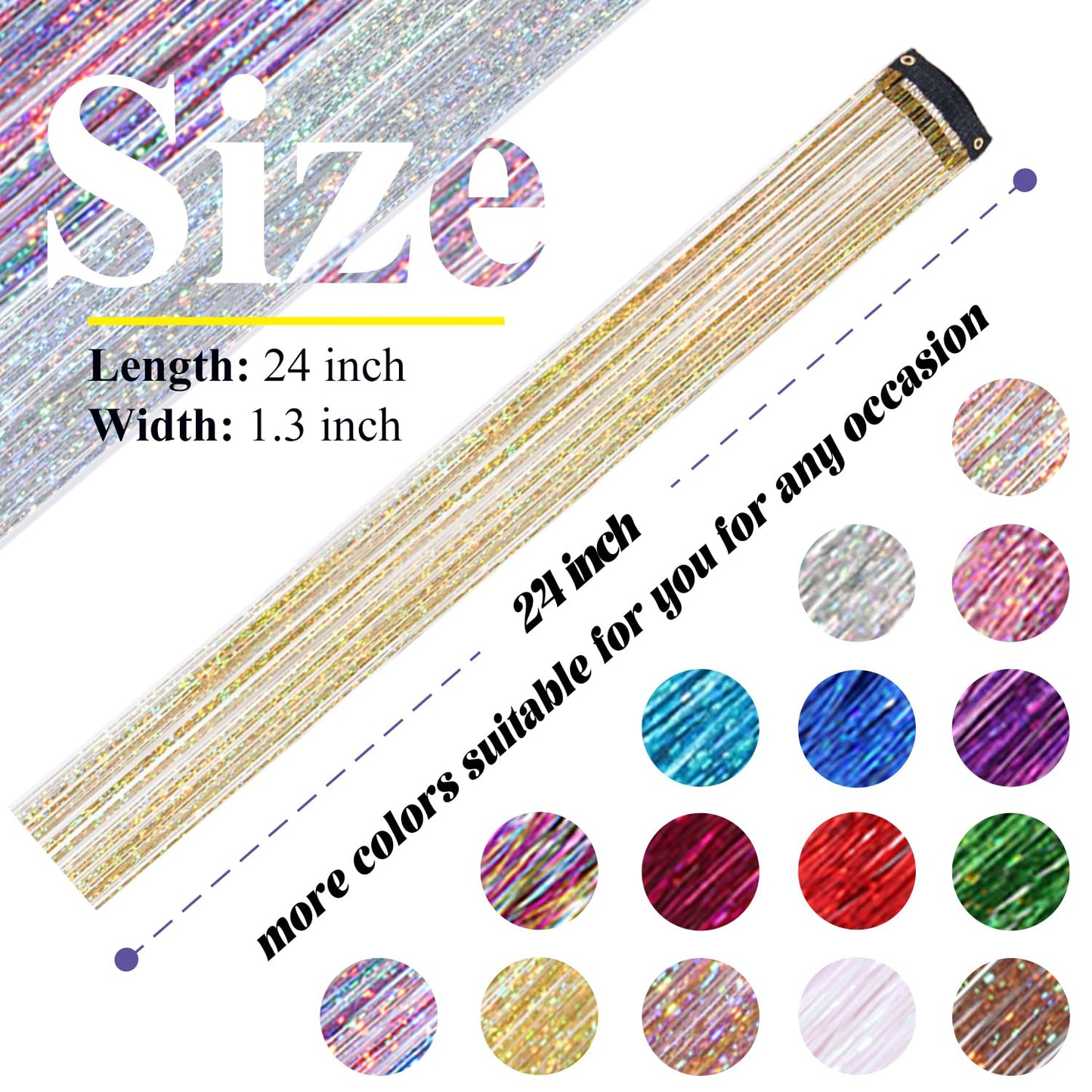 Hair Tinsel Kit - 12 Pcs 24 Inch Gold Glitter Clip-In Hair Extensions for Girls & Women | Perfect for Christmas & New Year Parties