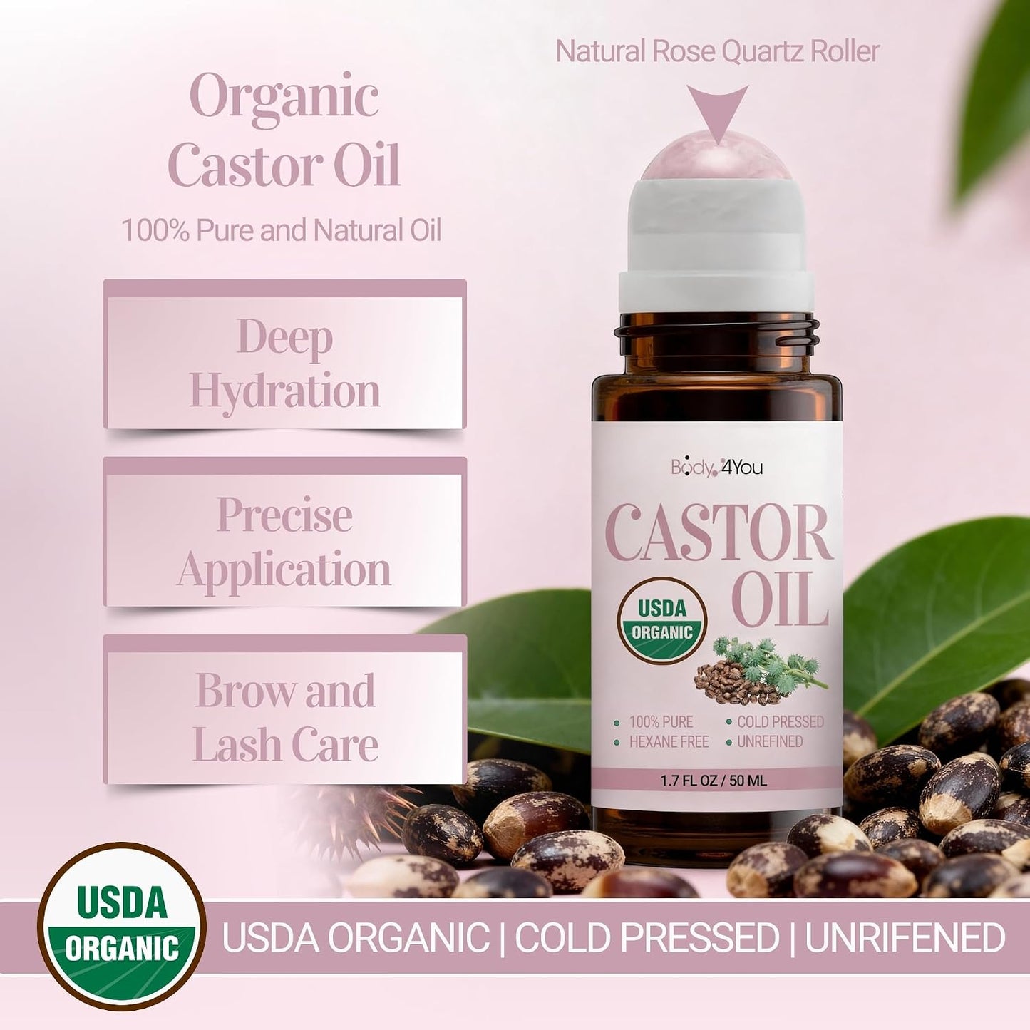 Castor Oil Roll-On for Eyelashes & Eyebrows - 100% Pure Organic Cold Pressed | Hydrating Growth Oil - 1.7 Fl Oz