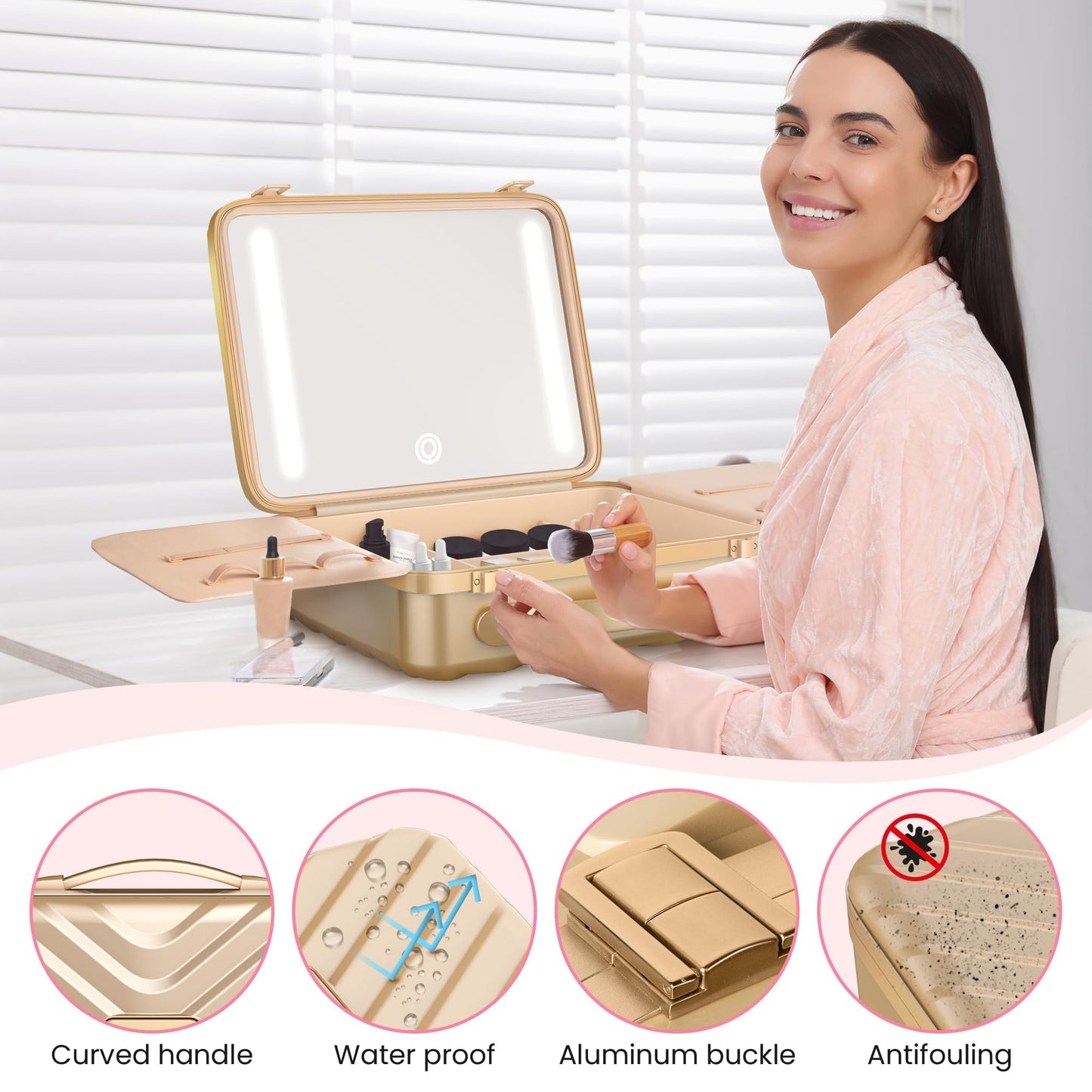 EASYINBEAUTY Makeup Travel Case with LED Lighted Mirror, Golden