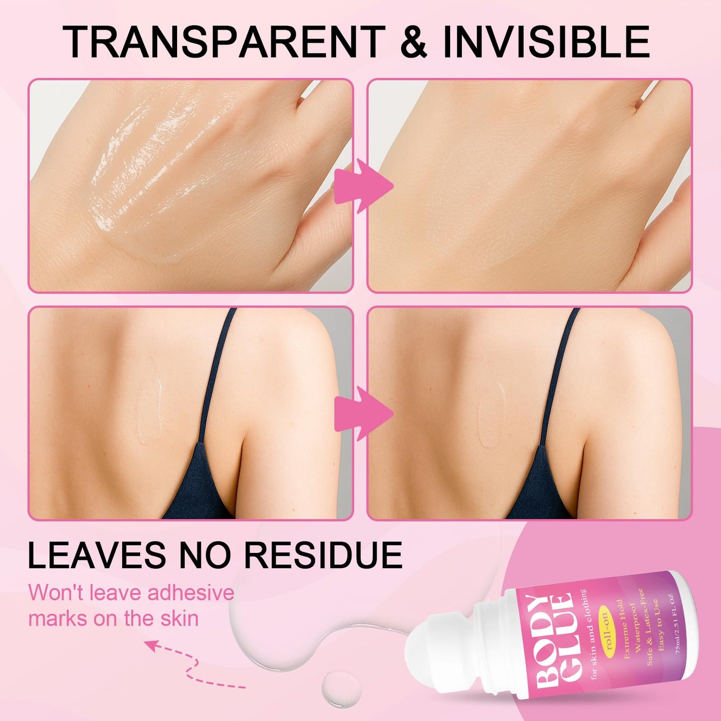 Strong Hold Body Glue for Skin and Fabric, Roll On Clothing Adhesive for Dresses and Dance Costumes, Sweat Resistant Fashion Glue for Socks, Strapless Tops, Performance Wear, 75ml (75ml)