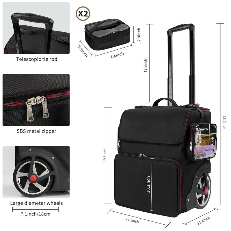 Makeup Train Case - Large Cosmetic Organizer for Hairstylists | Heat Insulation, Detachable Pouch, Trolley with Wheels
