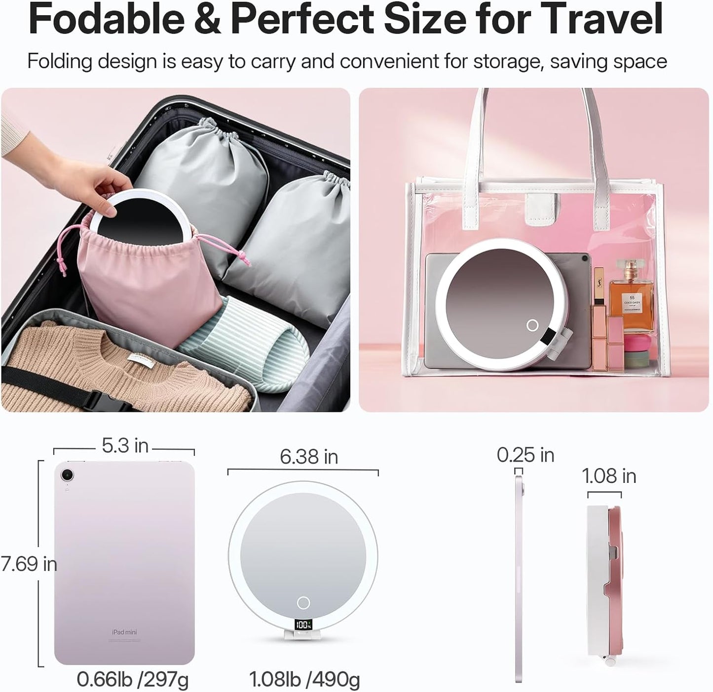 Travel Mirror with Lights - Foldable Double-Sided 10X/1X Magnifying | Rechargeable & Portable Lighted Makeup Mirror with Dimmable Touch Screen