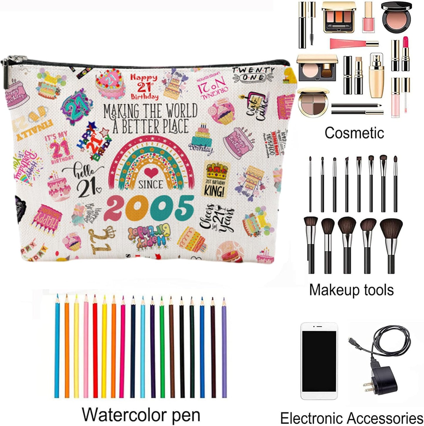 NONETH 21st Birthday Gifts, 21 Year Old Birthday Gifts, Sister, 2005 Birthday Makeup Bag & Travel Toiletry Bag, Unique Happy 21st Birthday Decorations & Party Favors & Gifts for Women