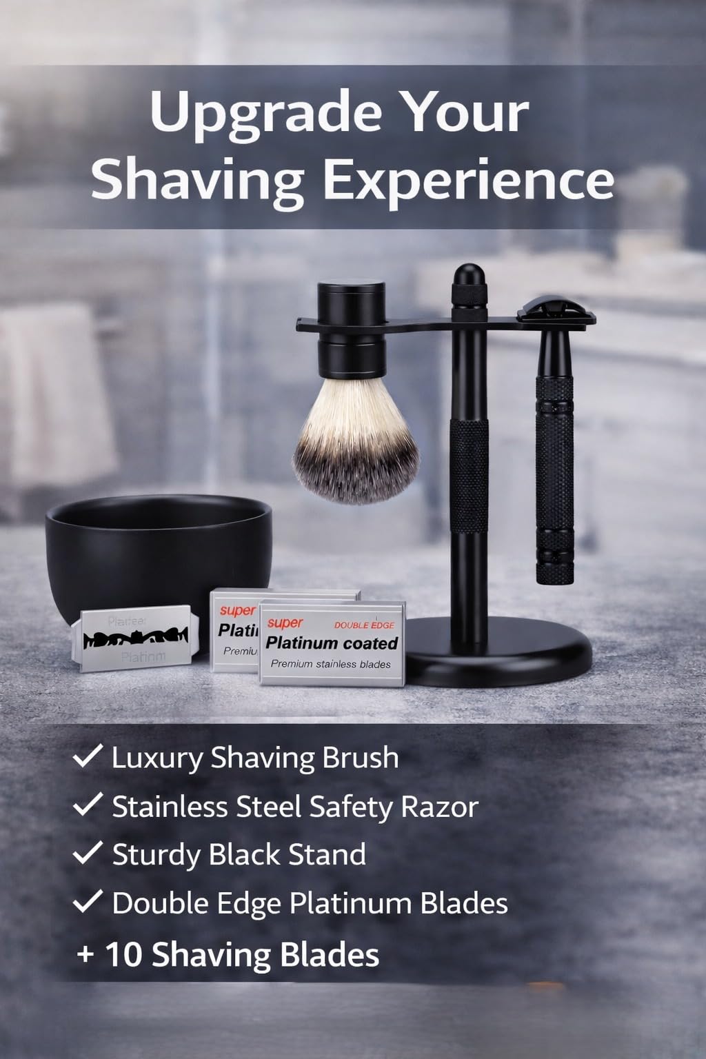 Men's Shaving & Grooming Set, Double Edge Safety Razor, Shaving Brush, Razor & Brush Stand,10 Blades, Shaving Bowl, Valentine Gift For Men, Gift for Fathers/Dads (Black).