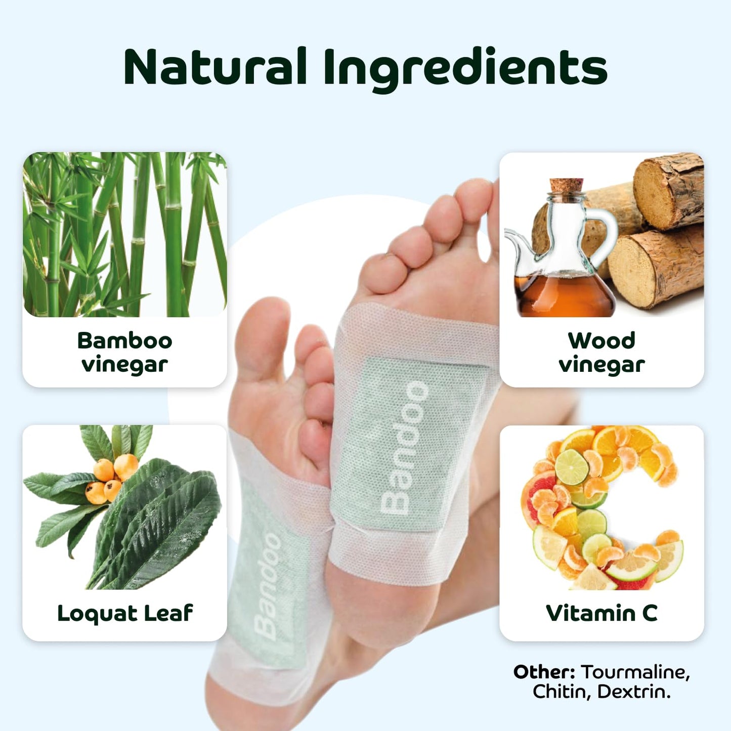 Bandoo Foot Pads – Premium Natural Bamboo Vinegar & Tourmaline Material, Japanese Foot Care for Men & Women - 30 Count