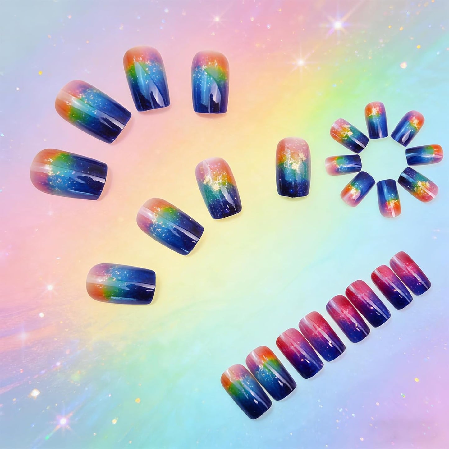 Press-On Nails - Aurora Starry Sky Multicolor Gradient | Glossy Full Cover Reusable 24 Pcs for Women
