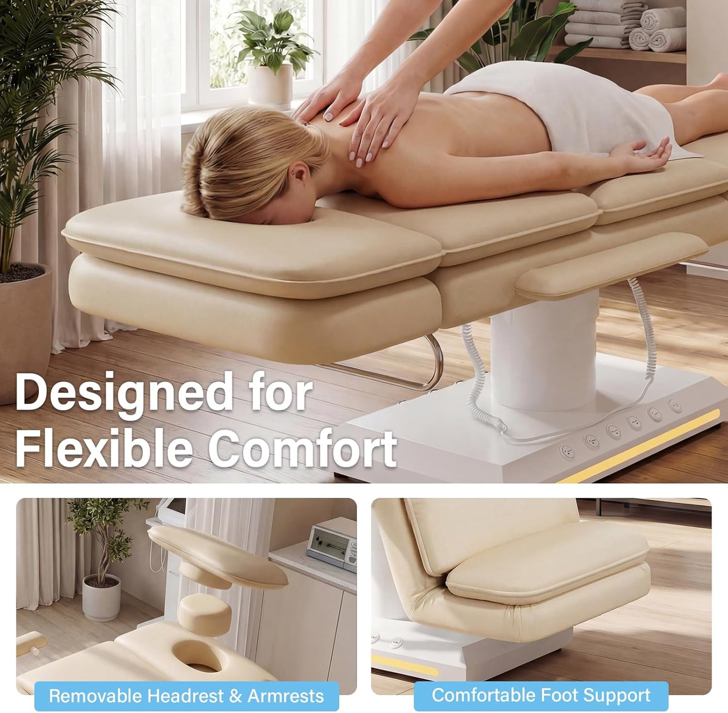 Electric Massage Table - 3 Motor Professional Spa Bed with Remote Control | Height Adjustable Facial Table (Champagne)