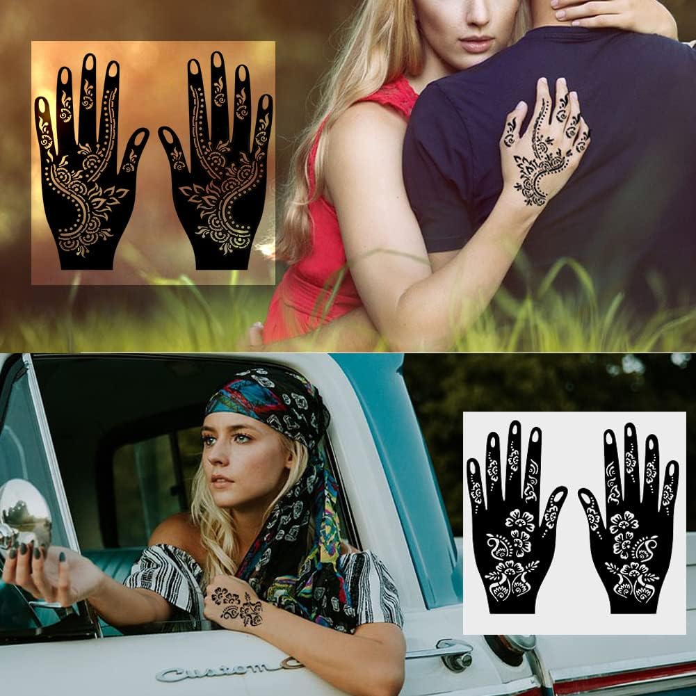 Henna Tattoo Stencils Kit - 12 Reusable Temporary Tattoo Stickers for Women | Indian & Arabian Designs