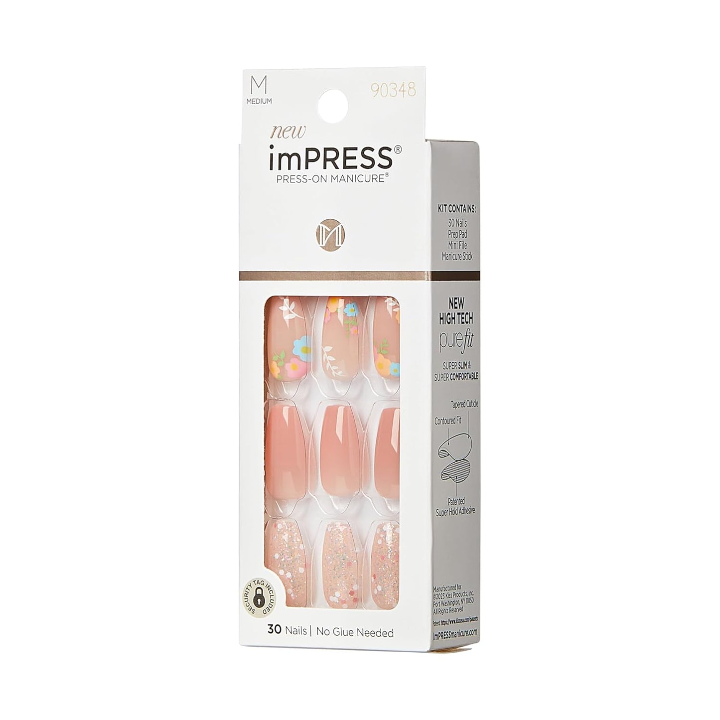 KISS Impress Press-On Manicure - Medium Coffin Shape Fake Nails, Nude Pink with Floral Design | Includes Prep Pad & Mini File