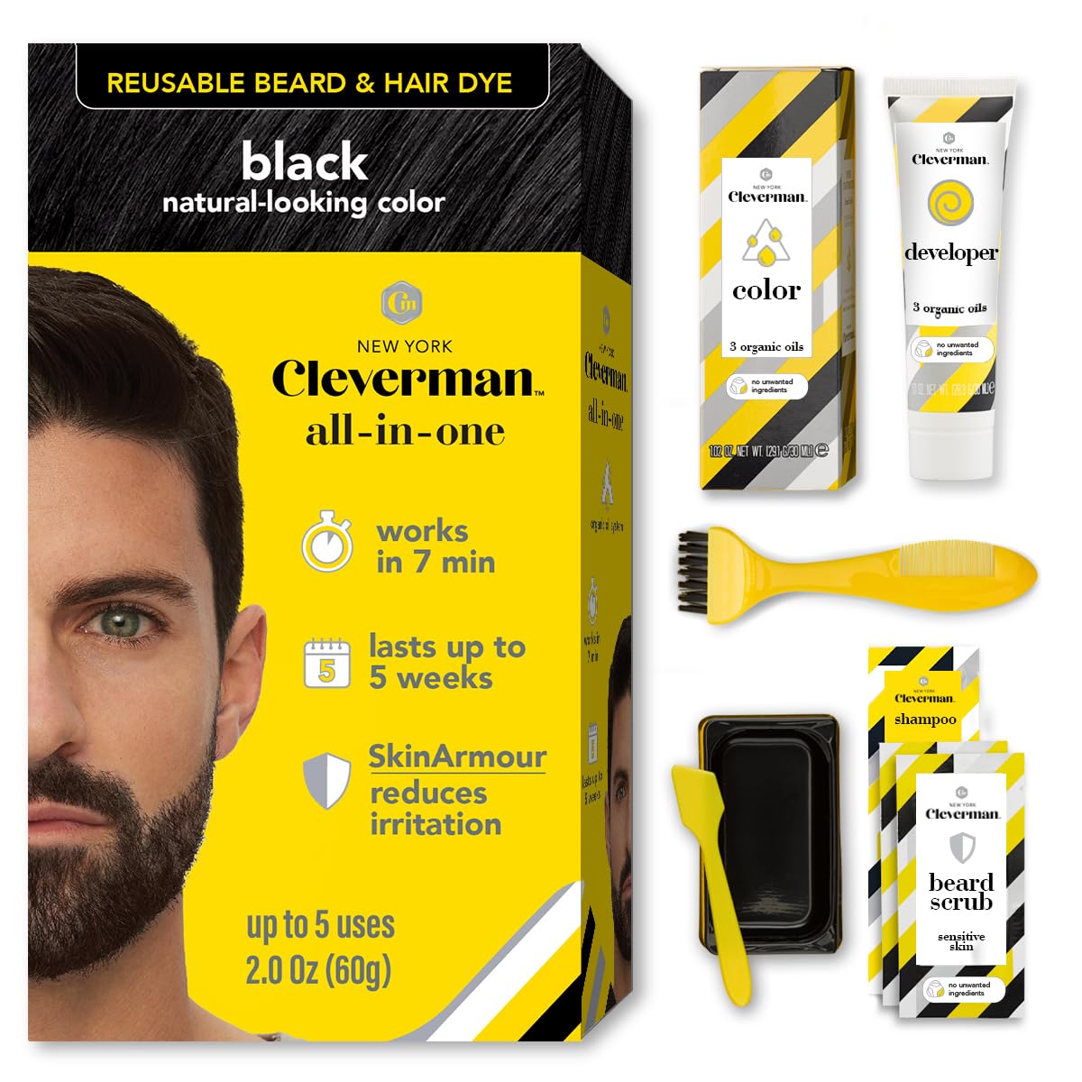 Reusable Hair & Beard Dye for Men - Medium Brown | Natural Gray Coverage, No-Drip Cream, Up to 5 Uses