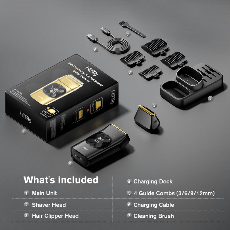 HiBig Professional Double Foil Shavers for Men: 2-in-1 Electric Razor for Men, Portable LED Display Cordless Close Beard Trimmer for Head Beard Neck, Technology & Precision Blades, Obsidian Black