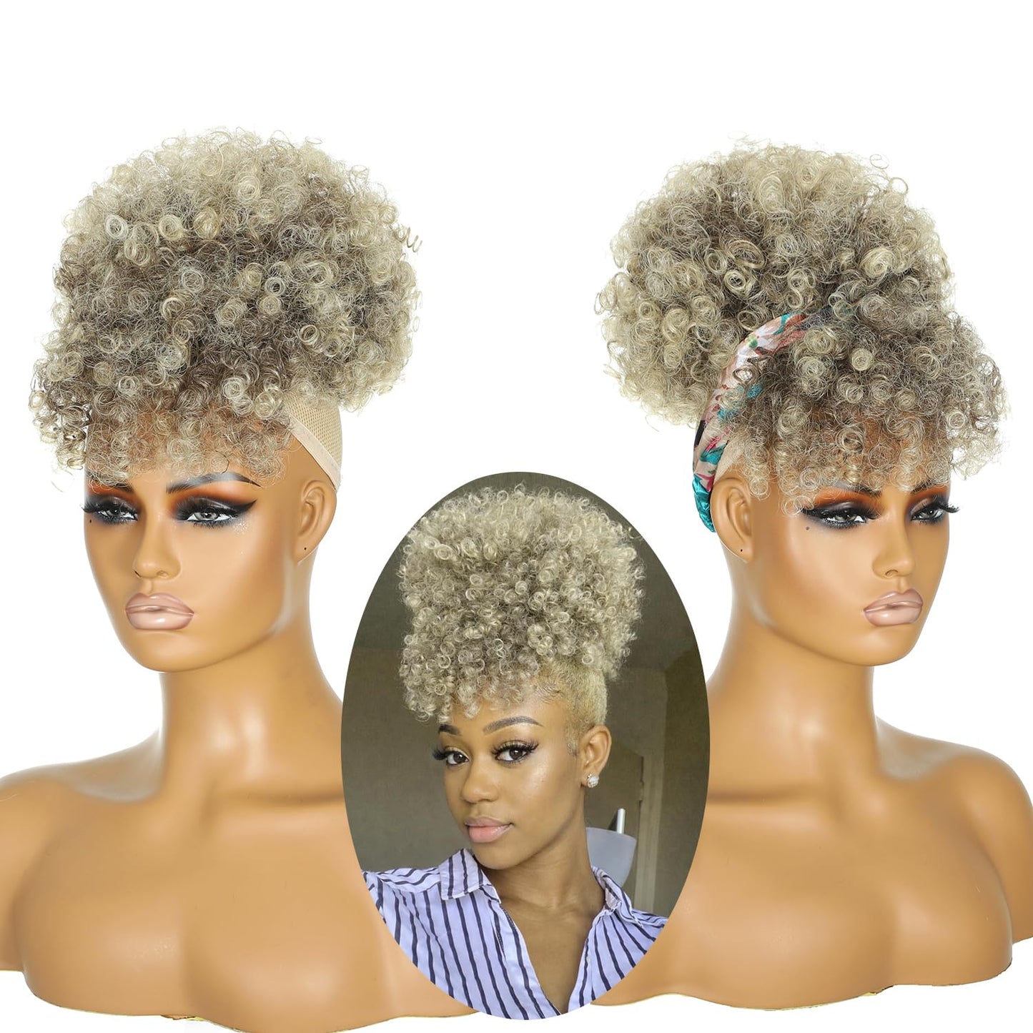 Afro Puff Drawstring Ponytail - Kinky Curly Synthetic Hair Extension for Black Women | Short Dark Brown & Blonde Mix