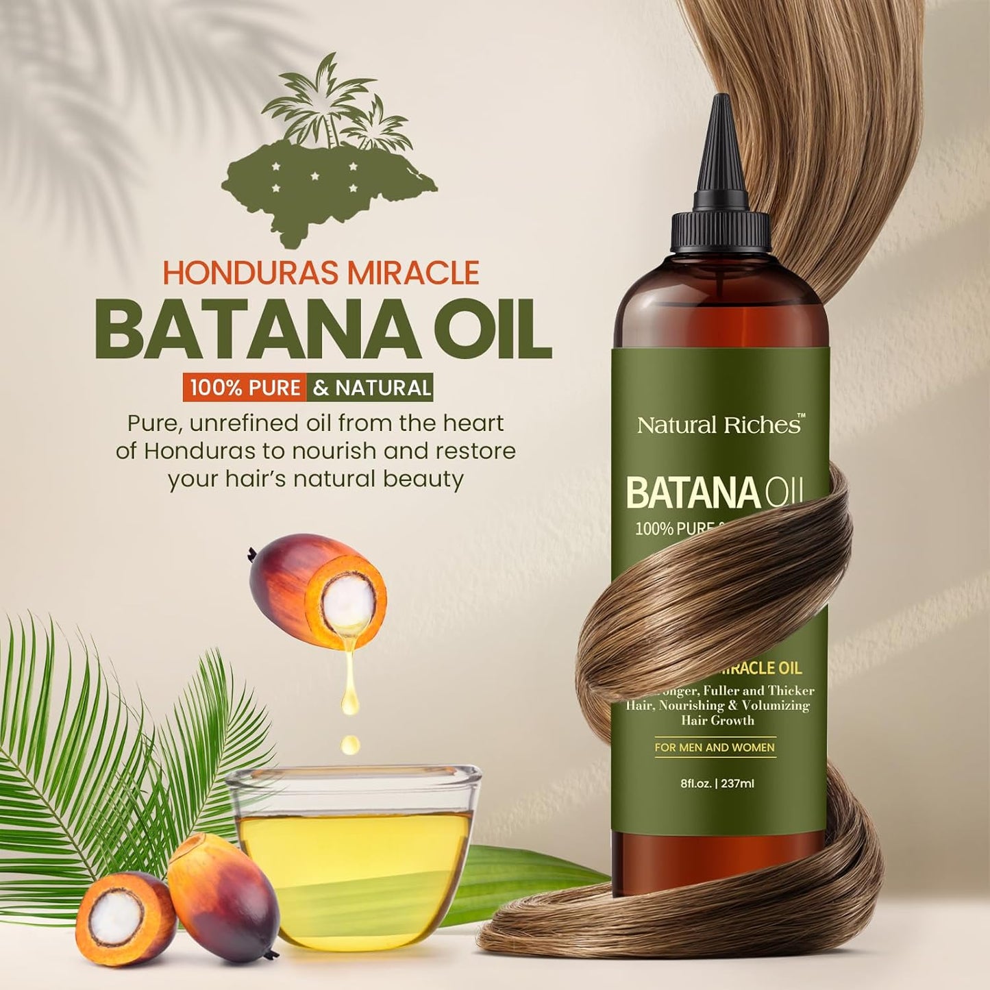 Unrefined Organic Batana Oil - 100% Pure Cold Pressed Miracle Oil for Hair Growth | 8 fl oz