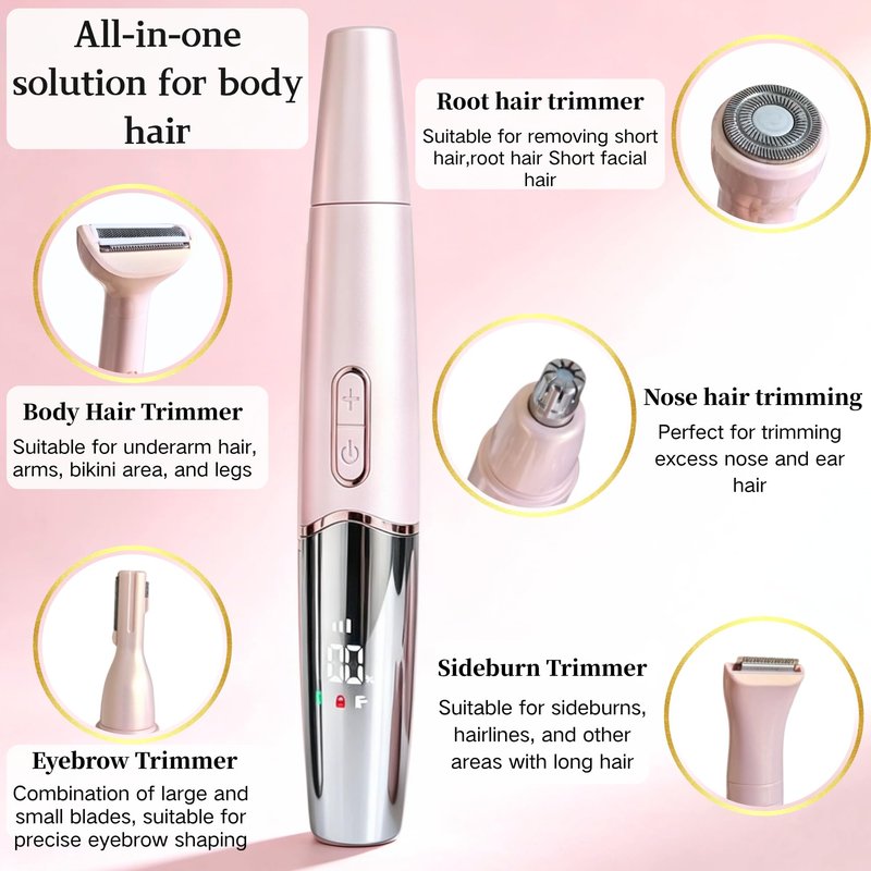 RFSCDI 5-in-1 Nose Hair Trimmer for Women, USB-C Rechargeable Painless Eyebrow & Facial Trimmer, IPX7 Waterproof Gift Set, LED Display with 5 Blade Heads, Sakura Pink
