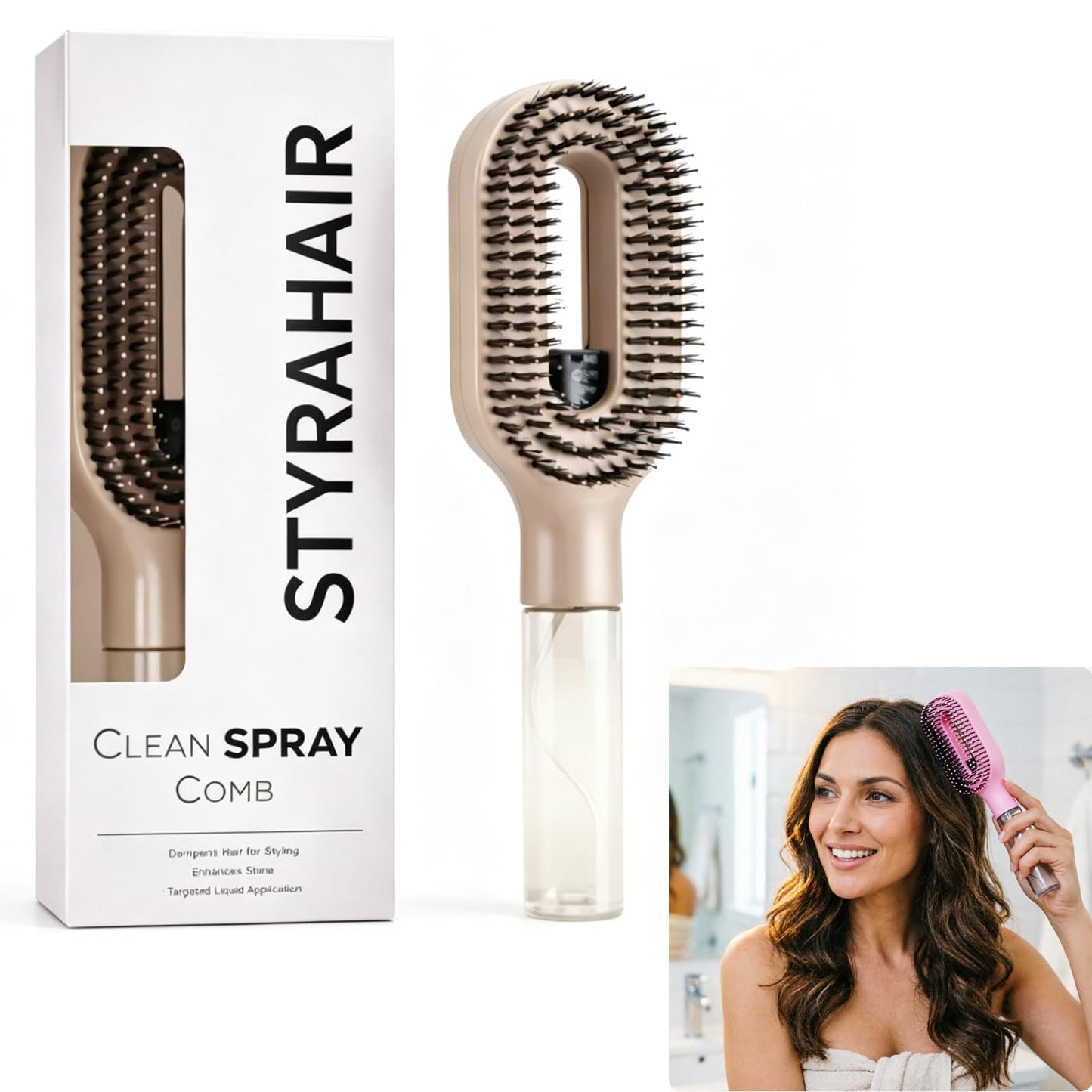 2-in-1 Detangler Hair Brush, With Built-In Mister Spray, Wet & Dry Detangling Brush for Curly, Wavy & Straight Hair | No-Tangle Anti-Frizz Hair Care Brush,Water Reservoir 50ml. (Caramel)