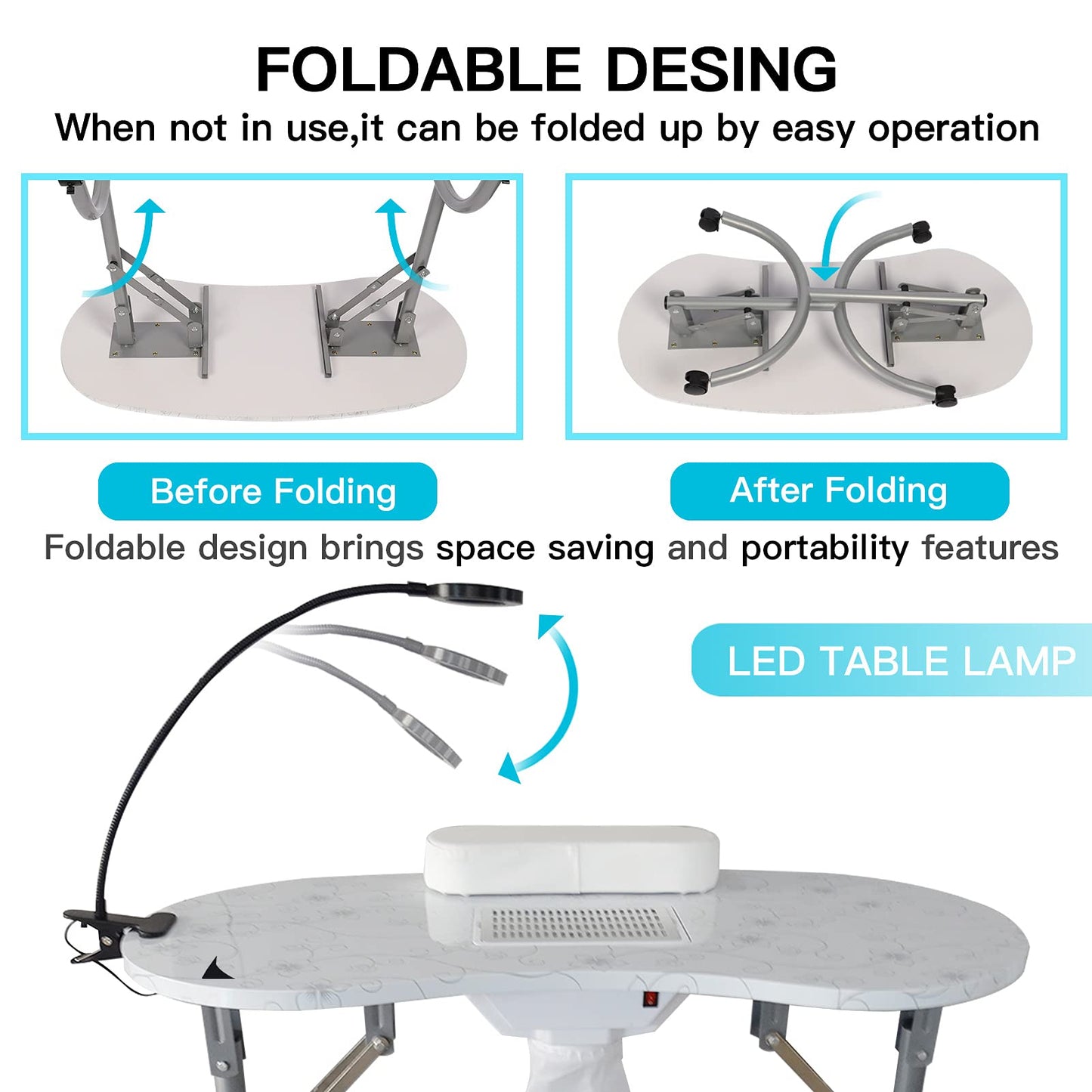 LOVEVLOGY Portable Manicure Table，Nail Desk 4 Lockable with Wheels,Manicure Desk for Nail Tech with LED Light & Dust Collector