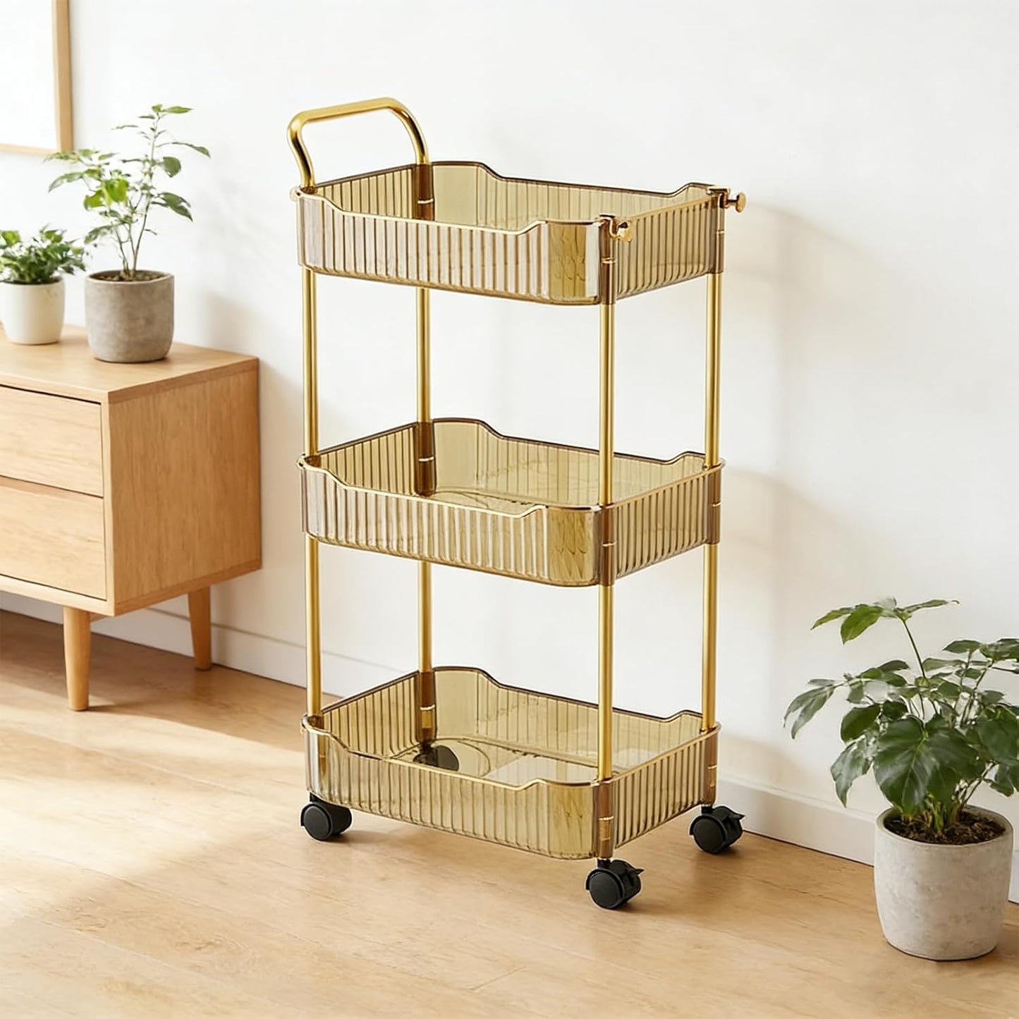 Acrylic 3-Tier Rolling Storage Cart - Versatile Organizer for Kitchen, Living Room & Office | Amber, 14''X10''X27''