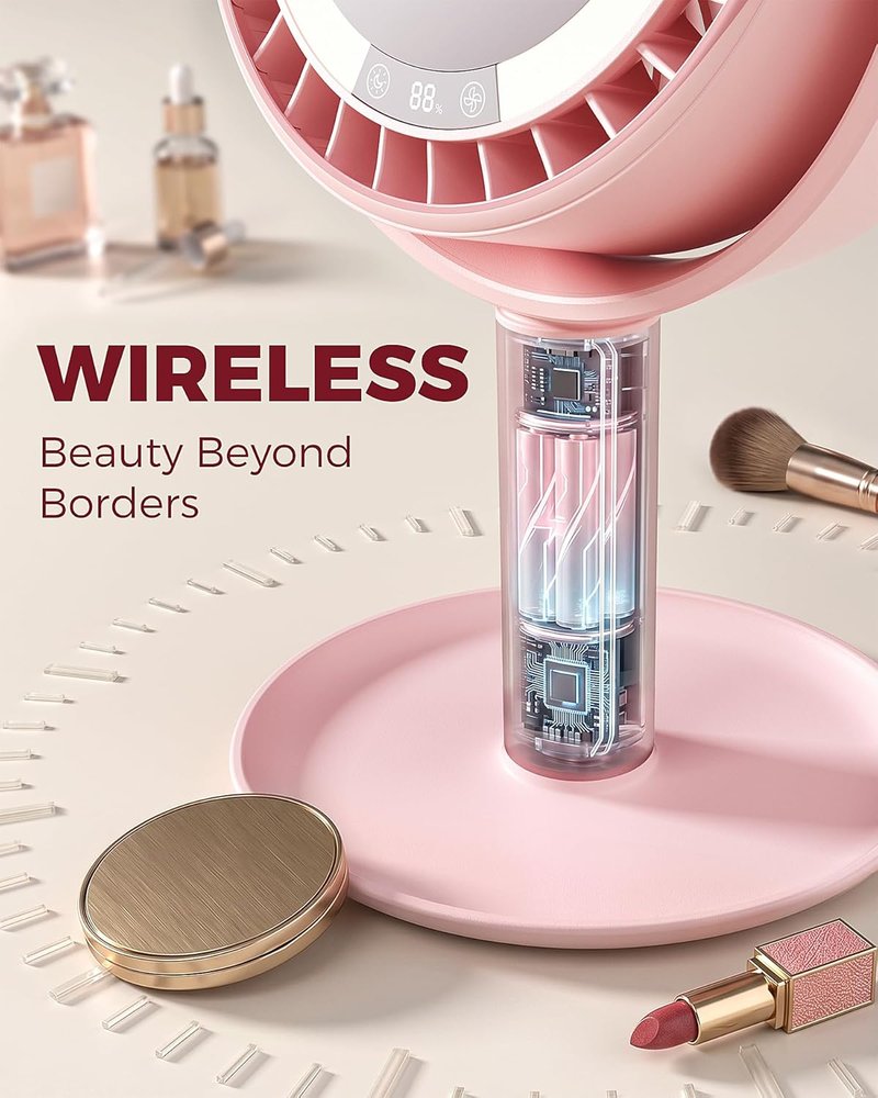 3-in-1 Makeup Fan - Cordless LED Light & Mirror for Skincare | Quiet Rechargeable Beauty Tool in Pink