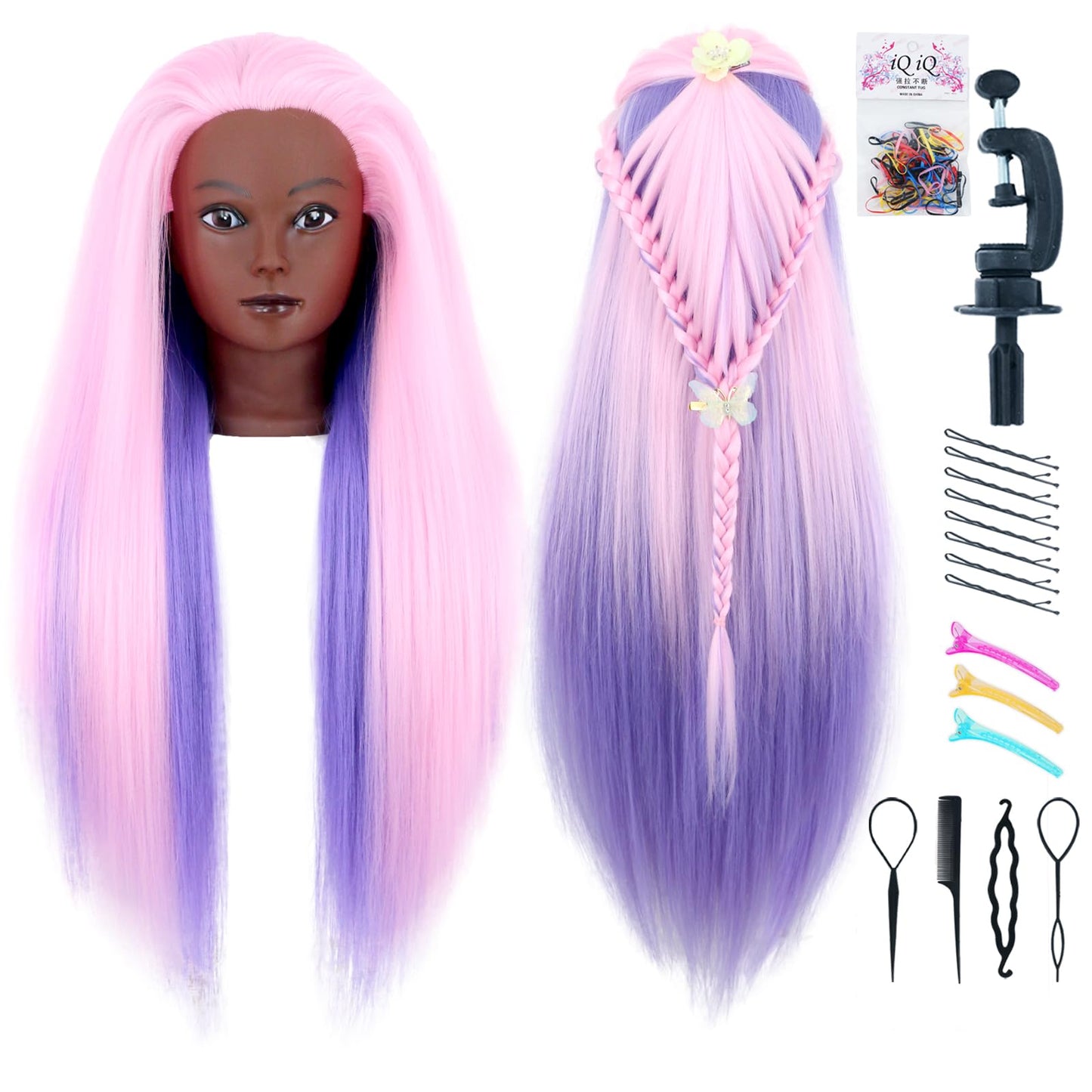 Gemiei Mannequin Head with Hair 29" Doll Head for Hair Styling for Cosmetology Training With Clamp Holder and Styling Tools（Pink Purple)