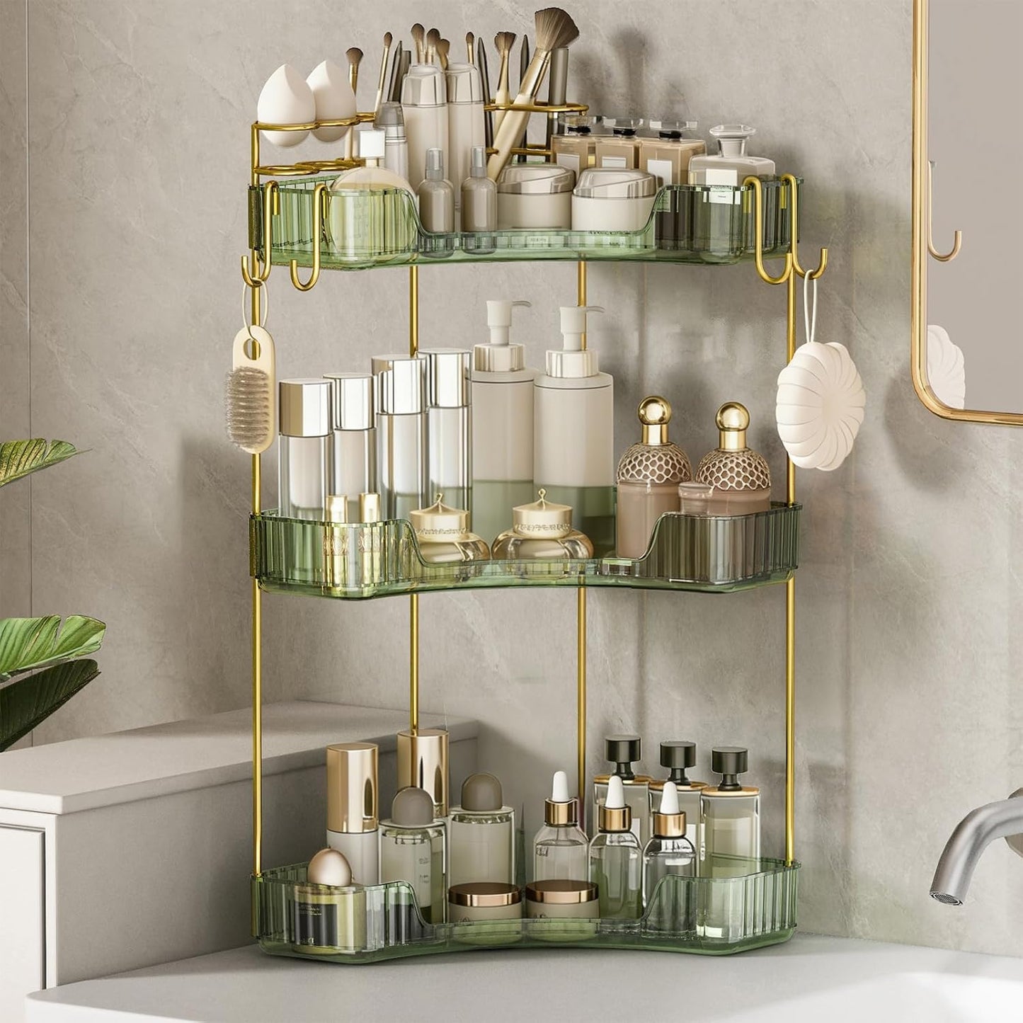 3-Tier Corner Bathroom Organizer - Makeup & Skincare Shelf with Built-in Brush Holder | Space-Saving Amber Design