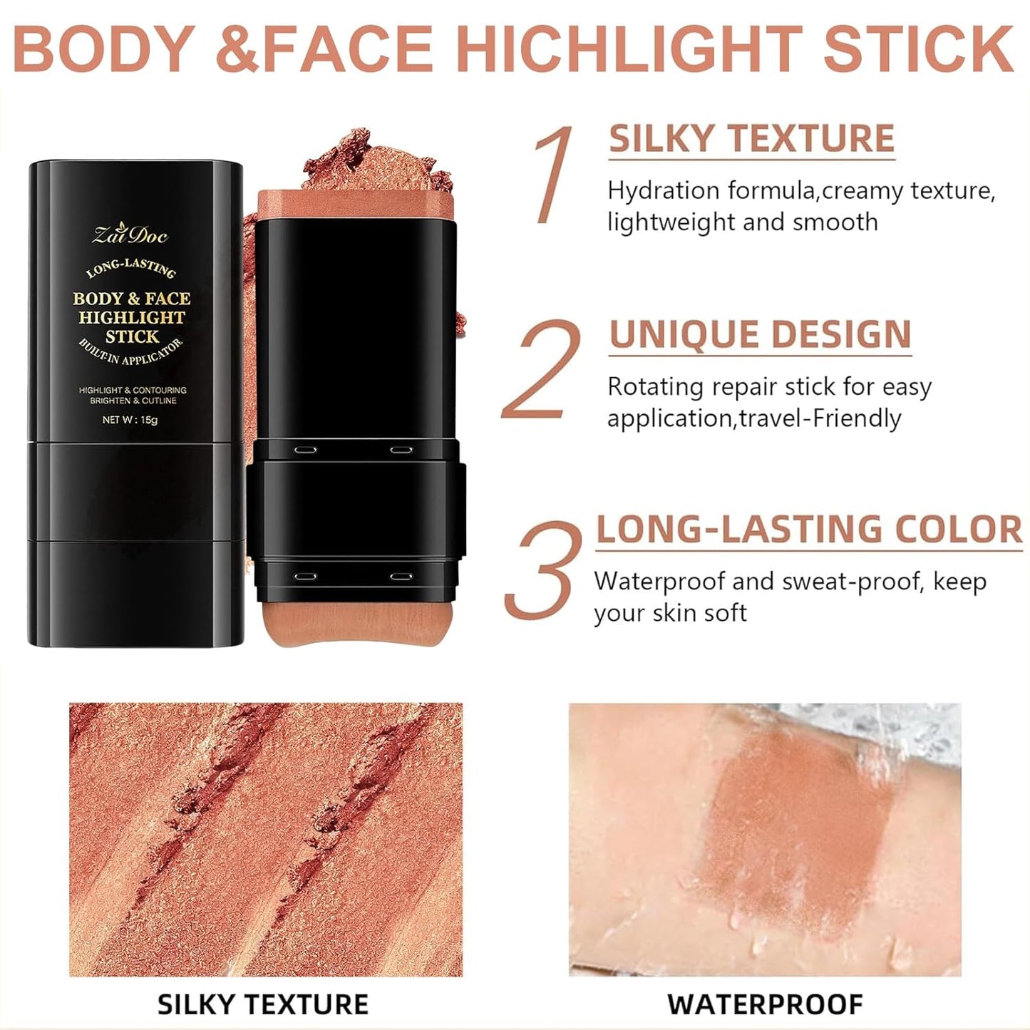 Golden Shimmer 2-in-1 Body Stick - Cream Bronze Highlighter with Blending Brush | Long-Lasting Glow, 0.51oz