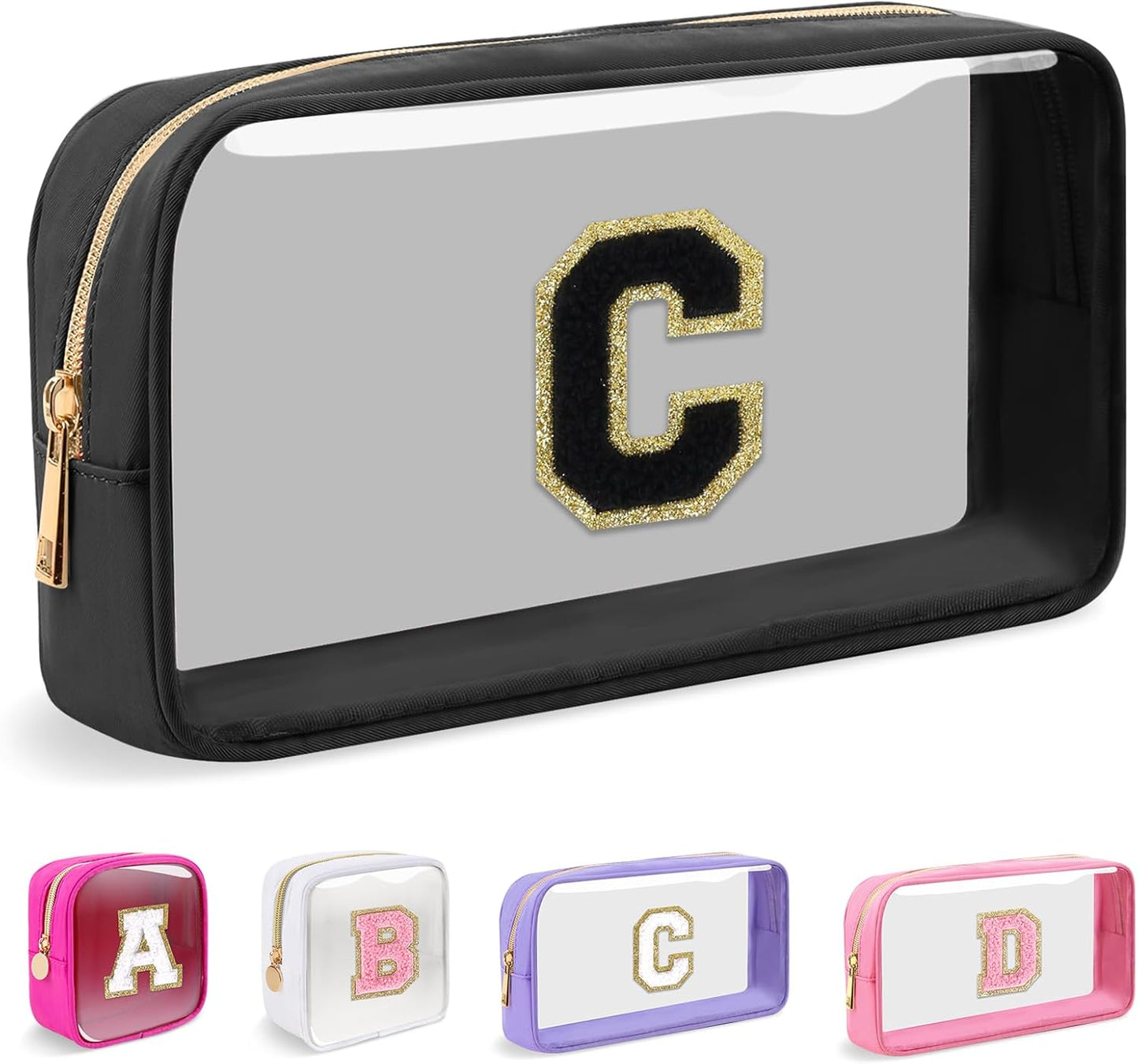 Personalized Initial Makeup Bag - Waterproof Nylon Cosmetic Pouch | A-Z Chenille Letter Patch, White-Pink G