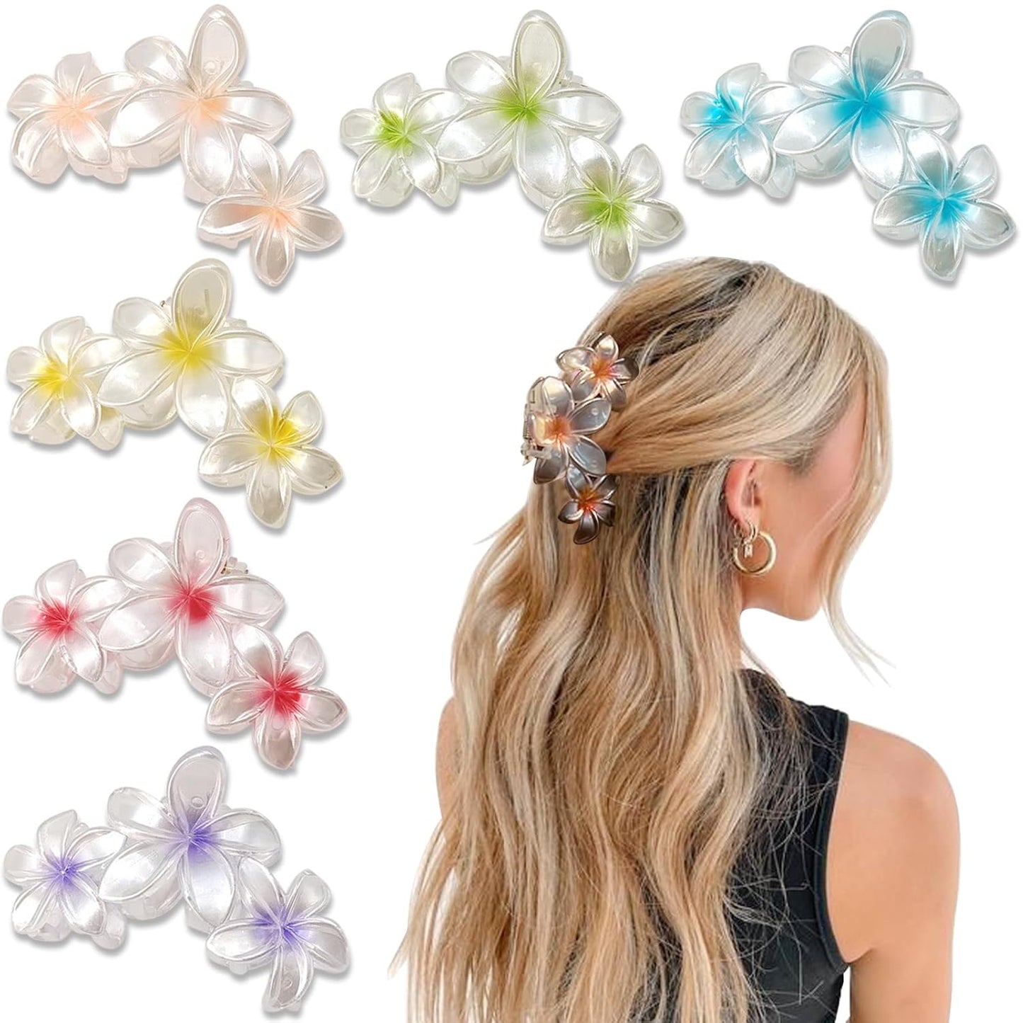 Flower Hair Clips for Women - 6PCS Hawaiian Plumeria Strong Hold Hair Claws | Cute Beach Accessories