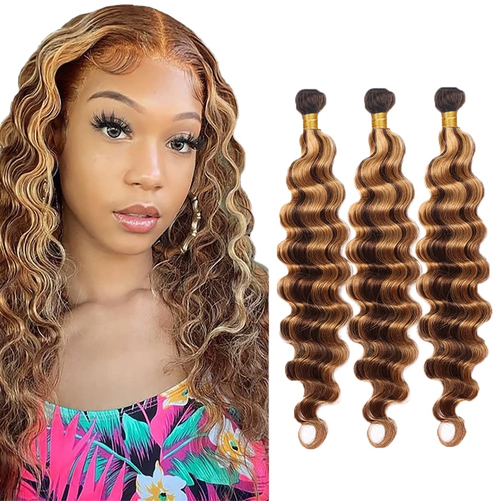 20 22 24 Inch P4/27 Highlight Blonde Bundles Human Hair Deep Wave 3 Bundles Brazilian Remy Hair 50 Grams/Bundle 10A Grade Unprocessed Virgin Hairs Blonde Deep Wave Bundle Weaves Extensions