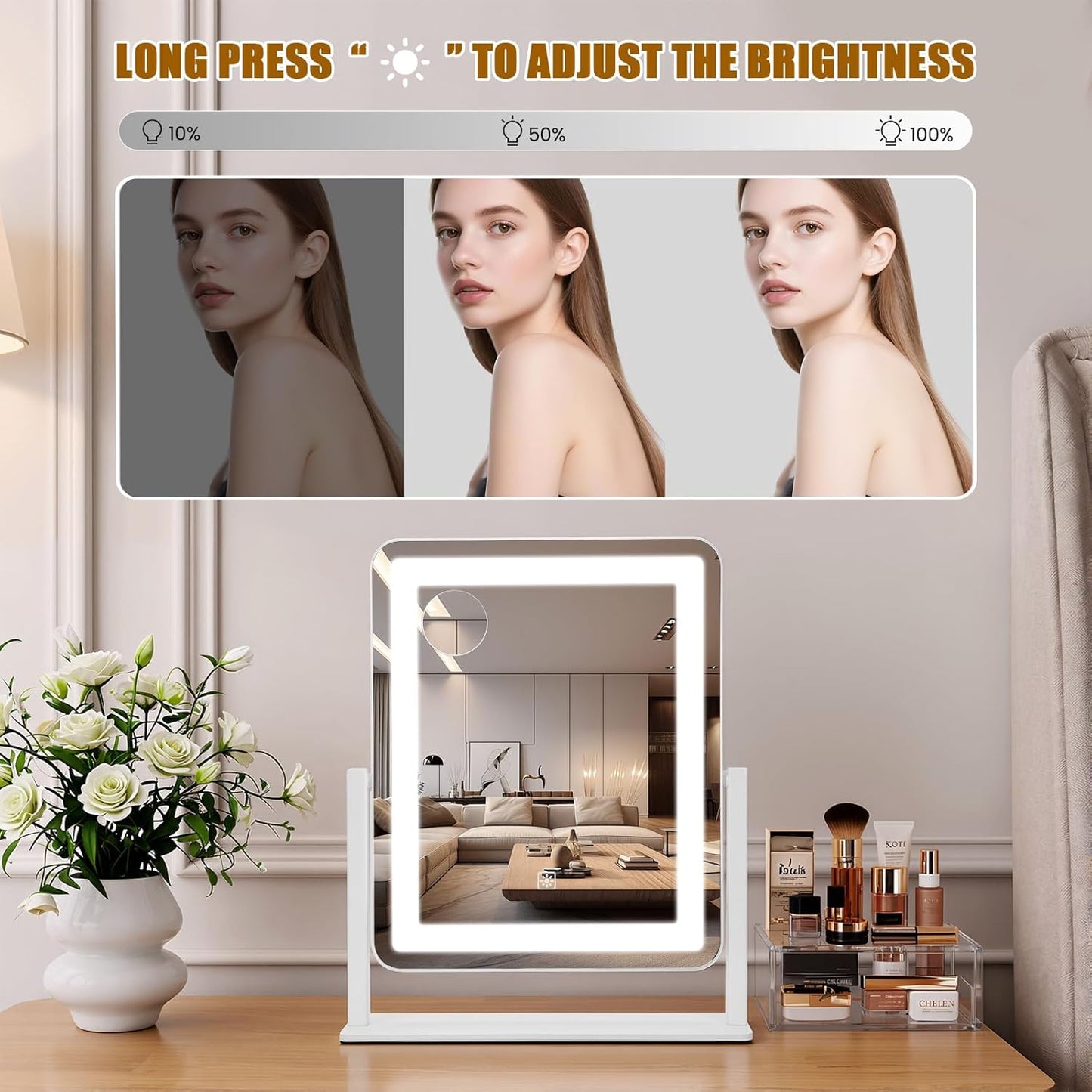 LED Makeup Mirror with Lights - 15" x 12.2" Dimmable Vanity Mirror with Smart Touch & 3-Color Lighting | 360° Rotation, White