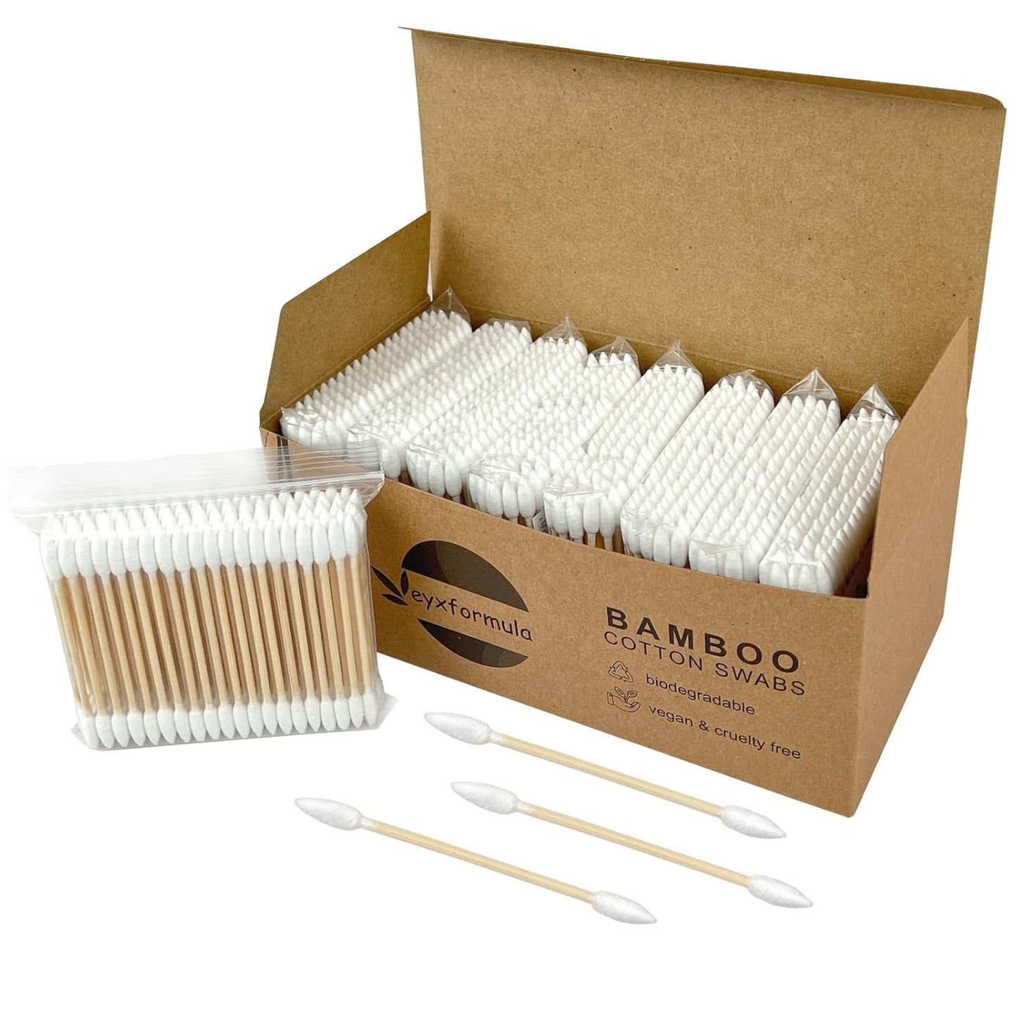 Bamboo Cotton Swabs - 400 Count Vegan Ear Buds | Natural Wooden Double-Tipped Organic Cotton for Ear Wax Removal