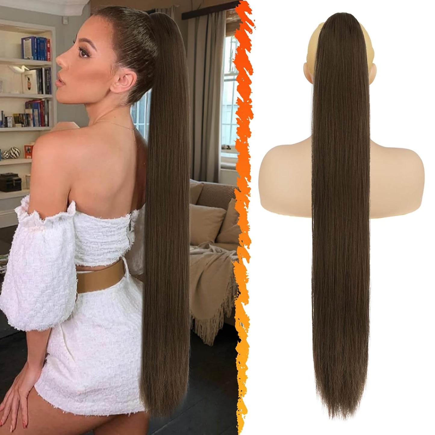 Long Straight Ponytail Extension - 26 Inch Brown Synthetic Clip-In Hairpiece for Women | Light Brown Mixed