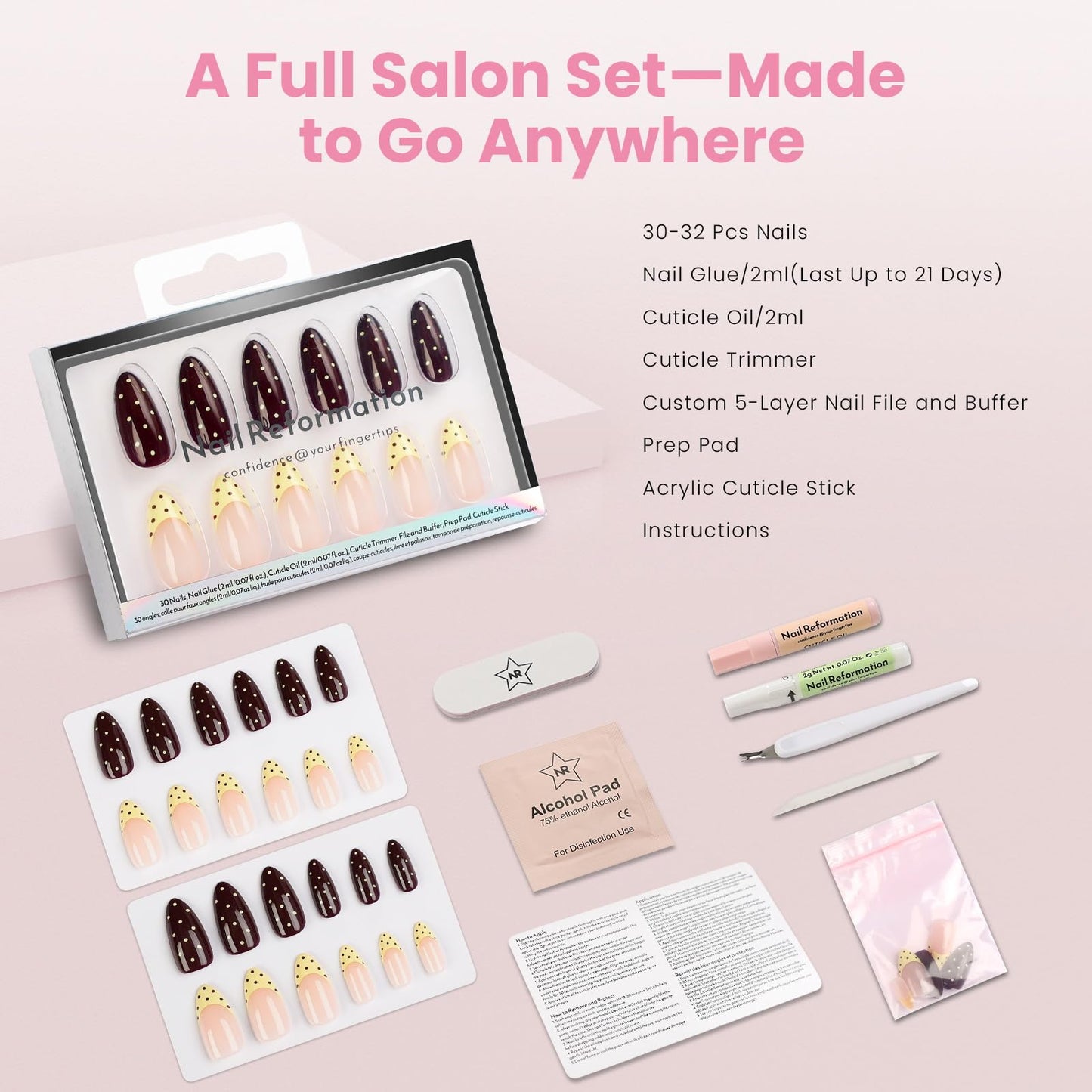 Nail Reformation Press On Nails, Polka Dot French Tip Medium Almond Fake Nails in Chocolate Cream Nude with Glossy Finish, Reusable Stick On False Nails in 15 Sizes - 30 Nail Kit, Gifts for Women