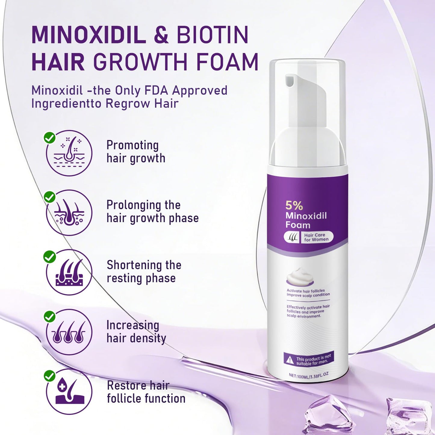 5% Minoxidil Foam for Women Hair Growth Foam Suitable for Hair Thinning Receding Hairline and Hair Loss to Hair Regrowth Get Thicker Fuller Hair 2 Bottles