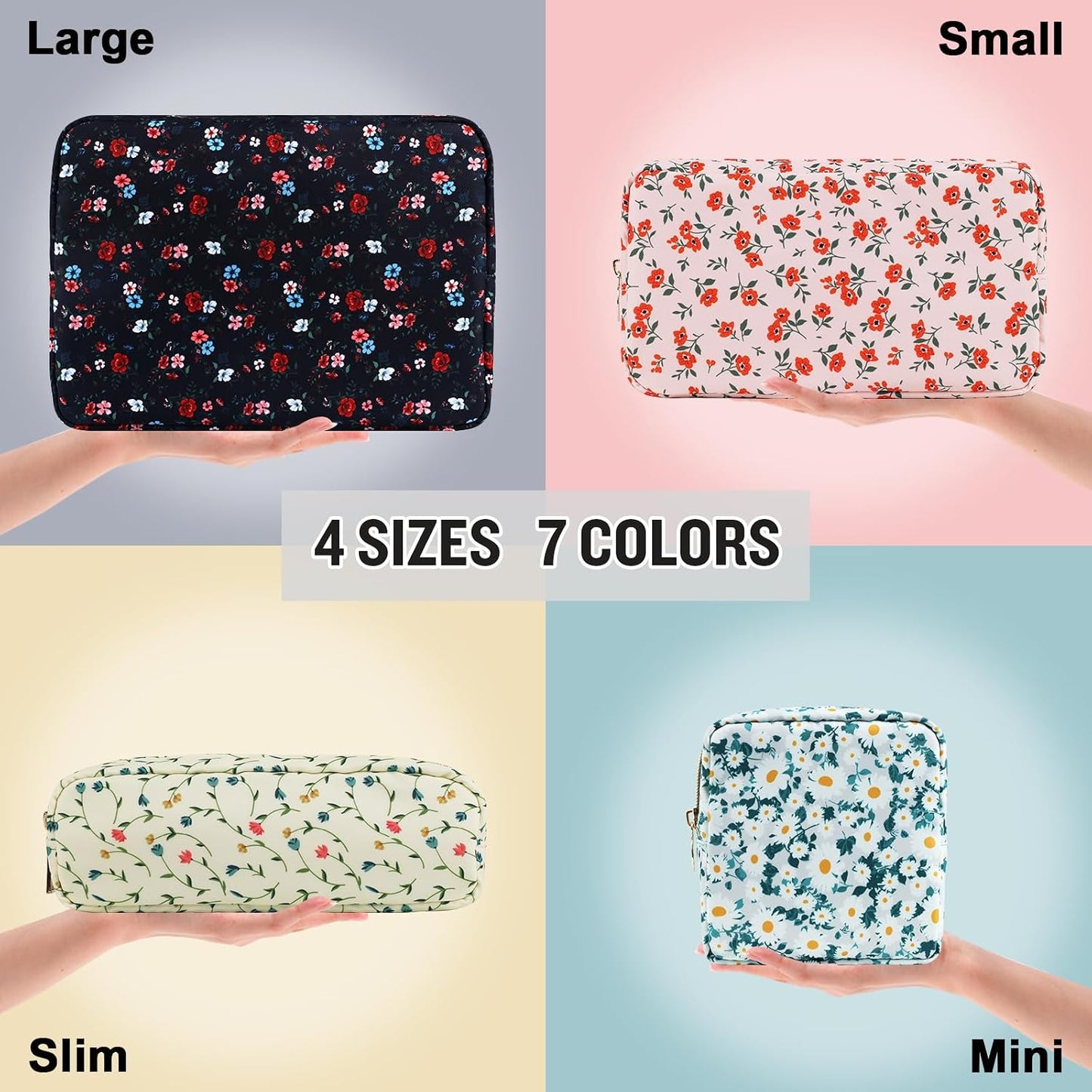 Floral Makeup Bag - Nylon Travel Cosmetic Organizer | Waterproof Zipper Pouch for Women (Green-Daisy)