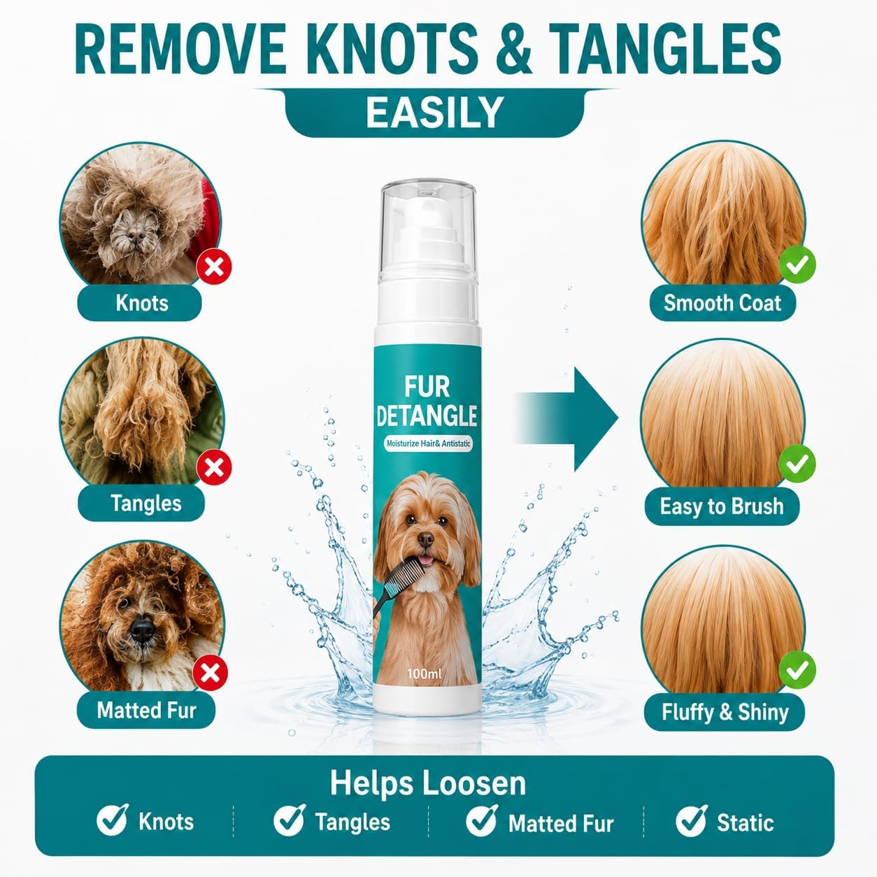 Dog Detangler Spray - Leave-In Conditioner & Dematting Spray for Smooth Fur | 3.4 Fl Oz