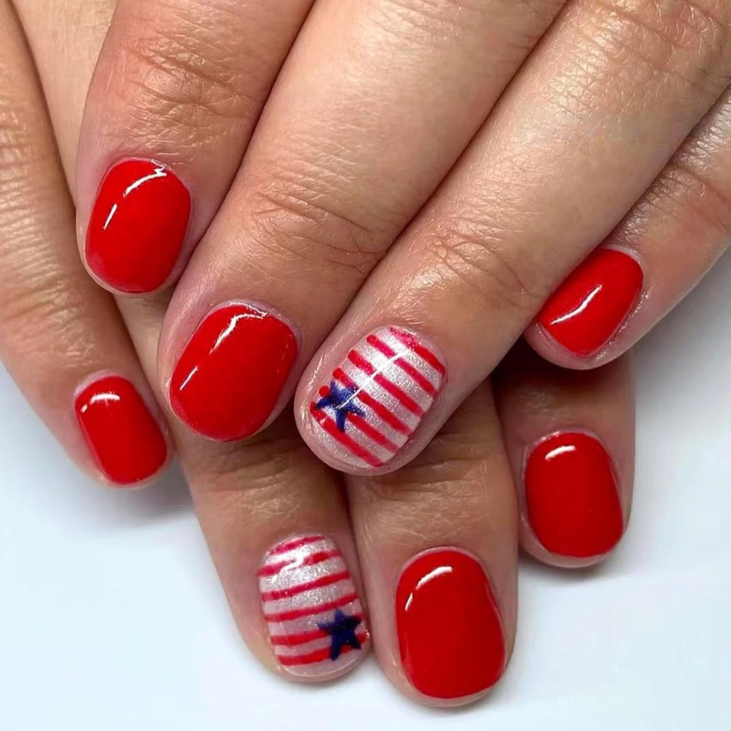 Press On Nails - Short Oval French Tip Design | Glossy Pink with Stars & American Flag - 24 Pcs