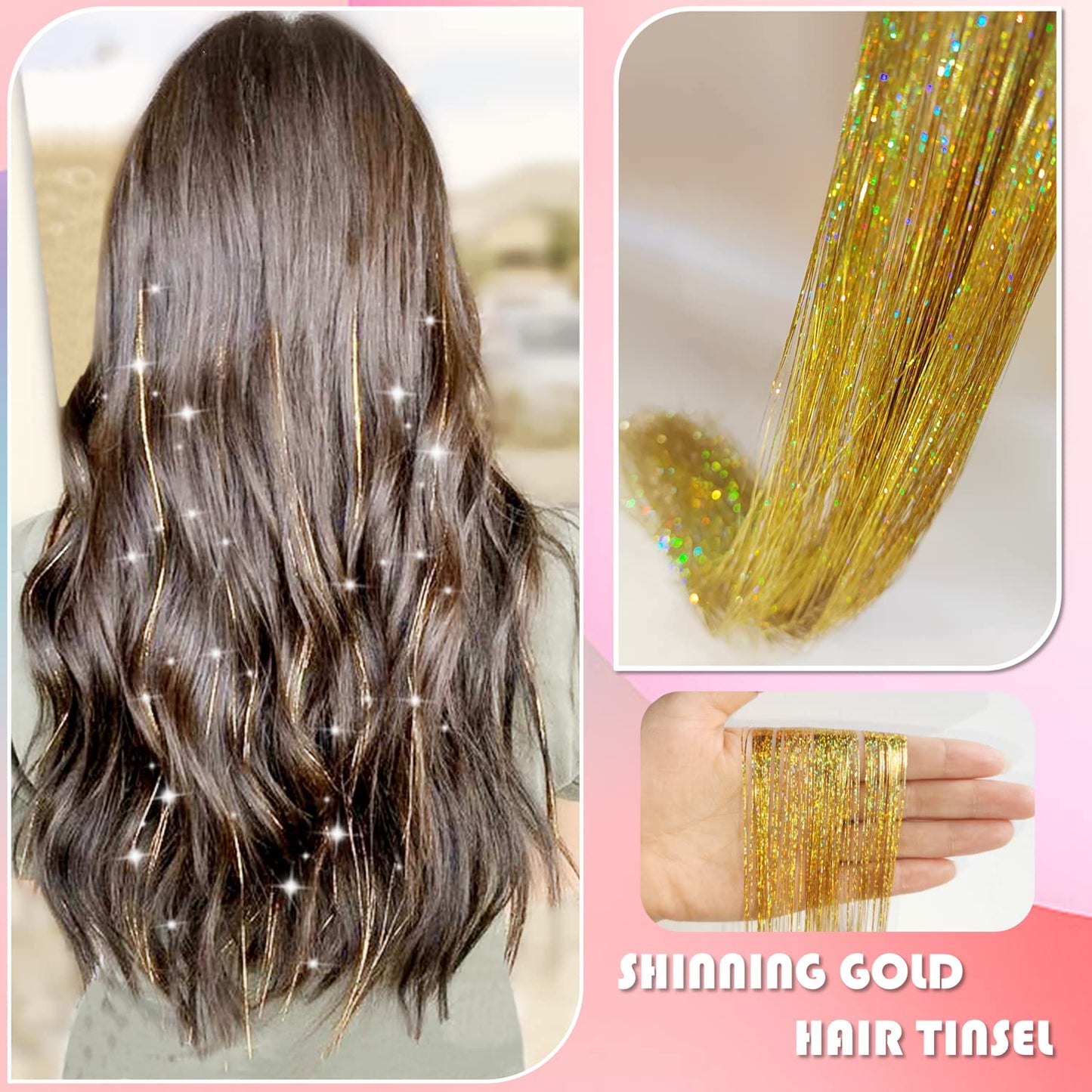 Hair Tinsel Kit with Tools and Instruction Easy to Use 1000 Strands 47 Inches Glitter Tinsel Hair Extensions for Women and Girls, Sparkling Shinny Fairy Hair Accessories for Christmas New Year Halloween Cosplay Party (Gold)